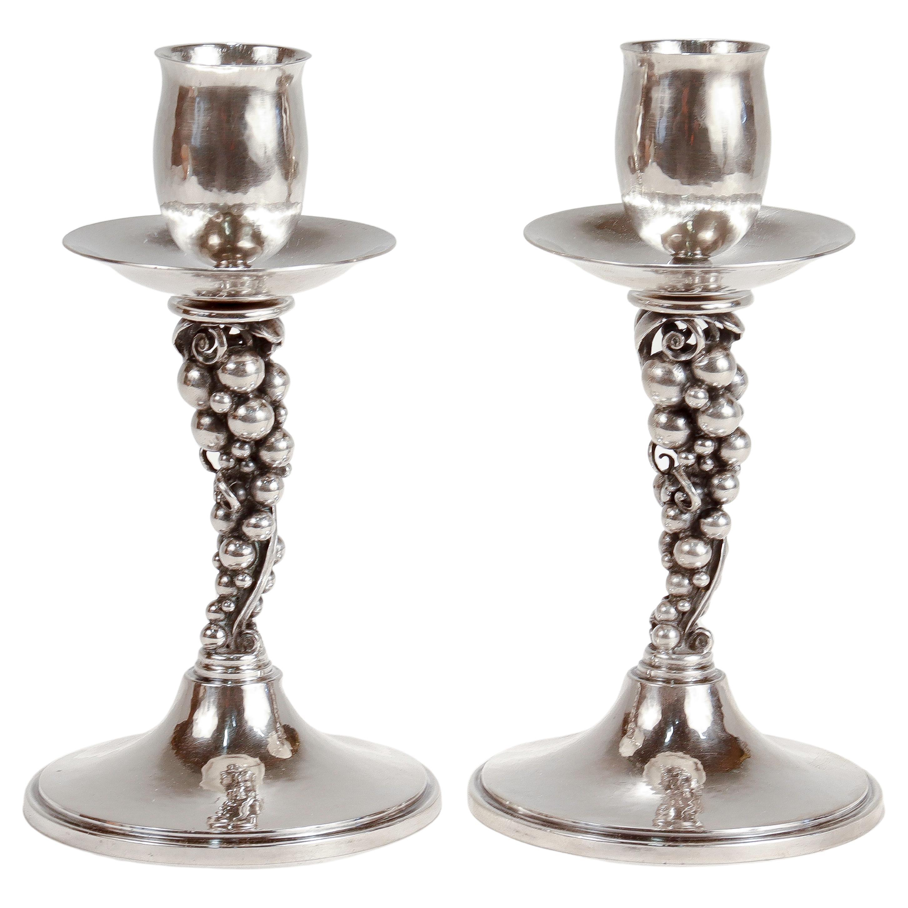 Pair of Signed Danish Modern Sterling Silver Grapes Candlesticks by Aage Weimar