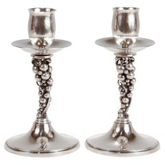 Pair of Signed Danish Modern Sterling Silver Grapes Candlesticks by Aage Weimar