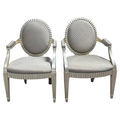 Pair of Signed Donghia Green Silk Silver Giltwood Grand Flute Chairs by John Hut