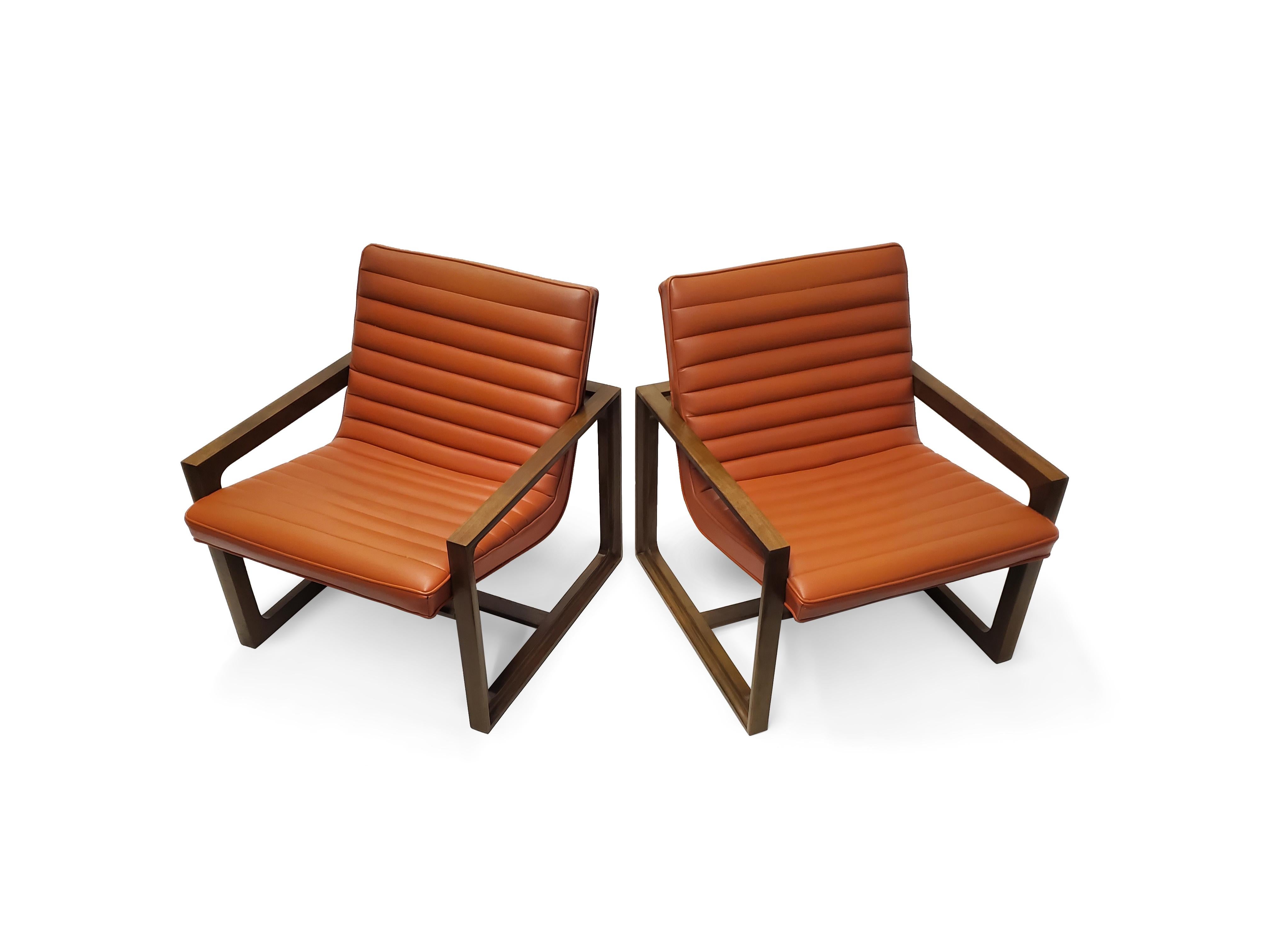 Pair of Signed Drexel Walnut Frame Floating Lounge Chairs  For Sale 5