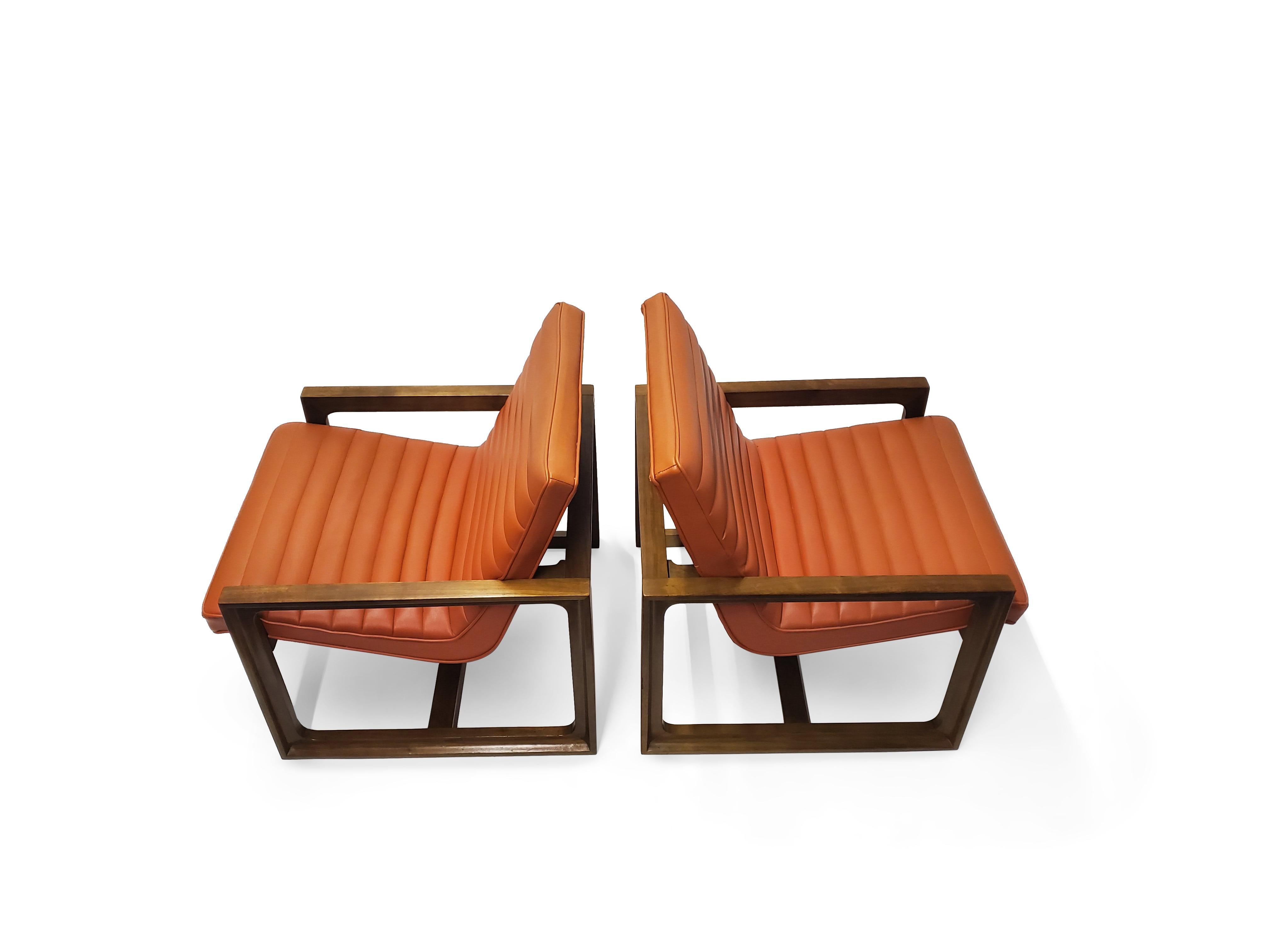 American Pair of Signed Drexel Walnut Frame Floating Lounge Chairs  For Sale