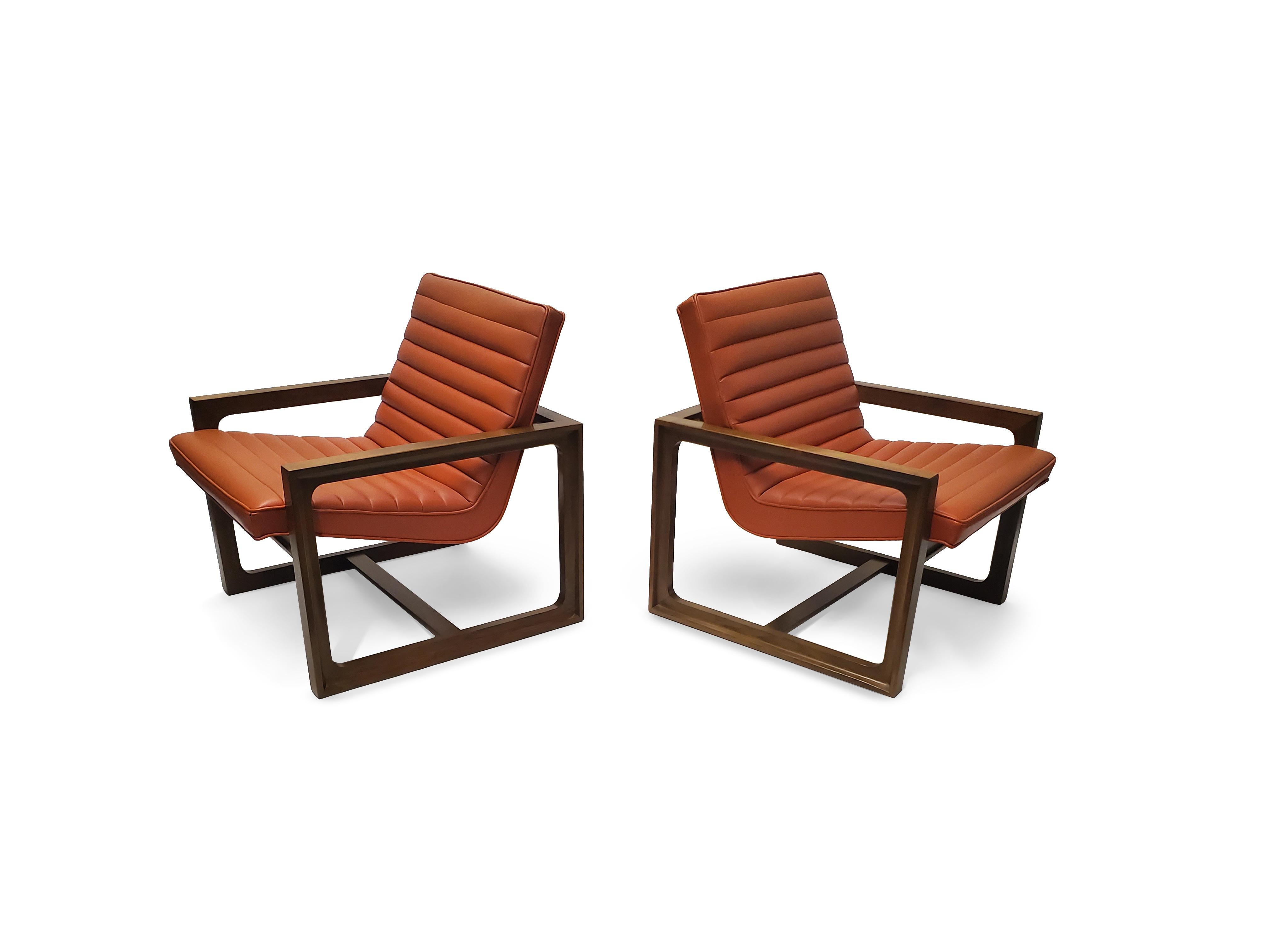 20th Century Pair of Signed Drexel Walnut Frame Floating Lounge Chairs  For Sale