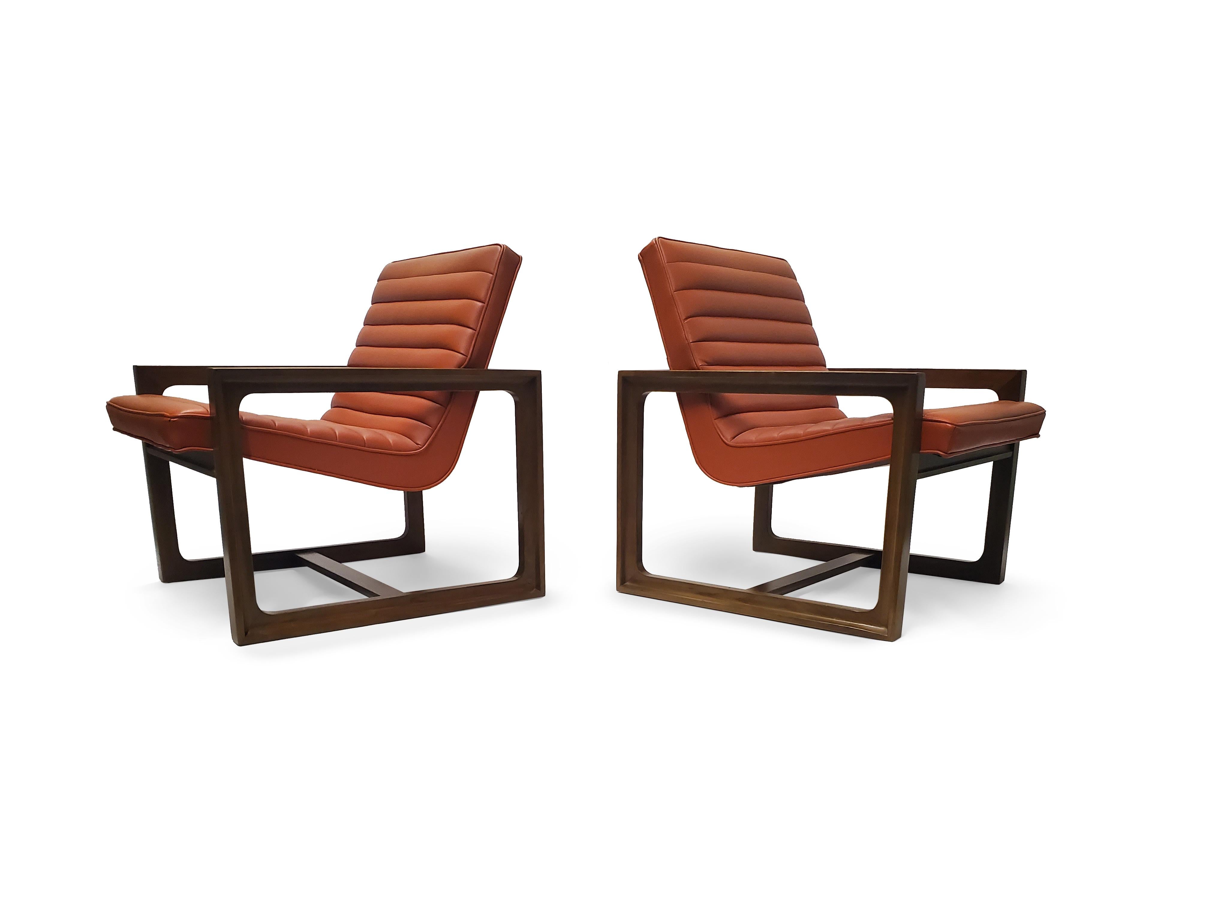 Upholstery Pair of Signed Drexel Walnut Frame Floating Lounge Chairs  For Sale