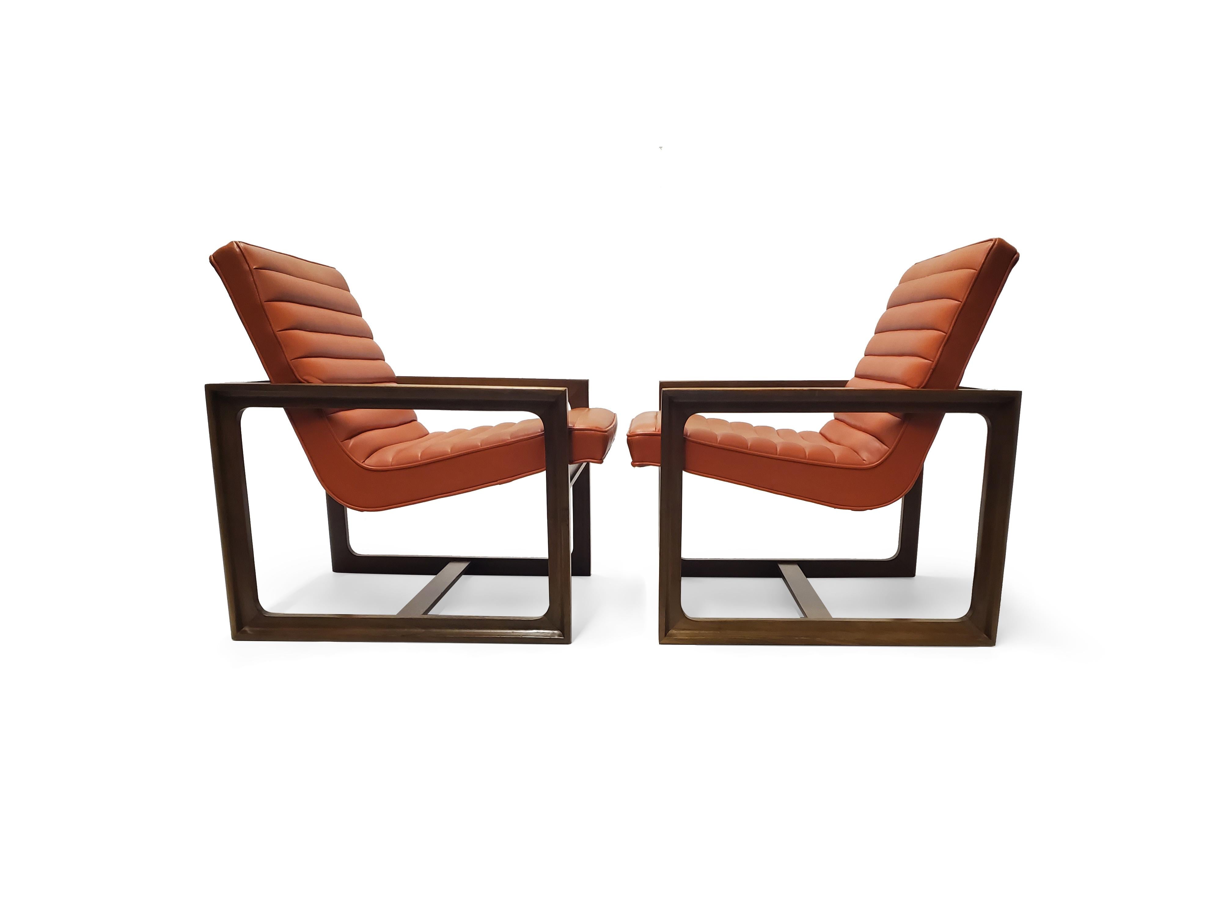 Pair of Signed Drexel Walnut Frame Floating Lounge Chairs  For Sale 2