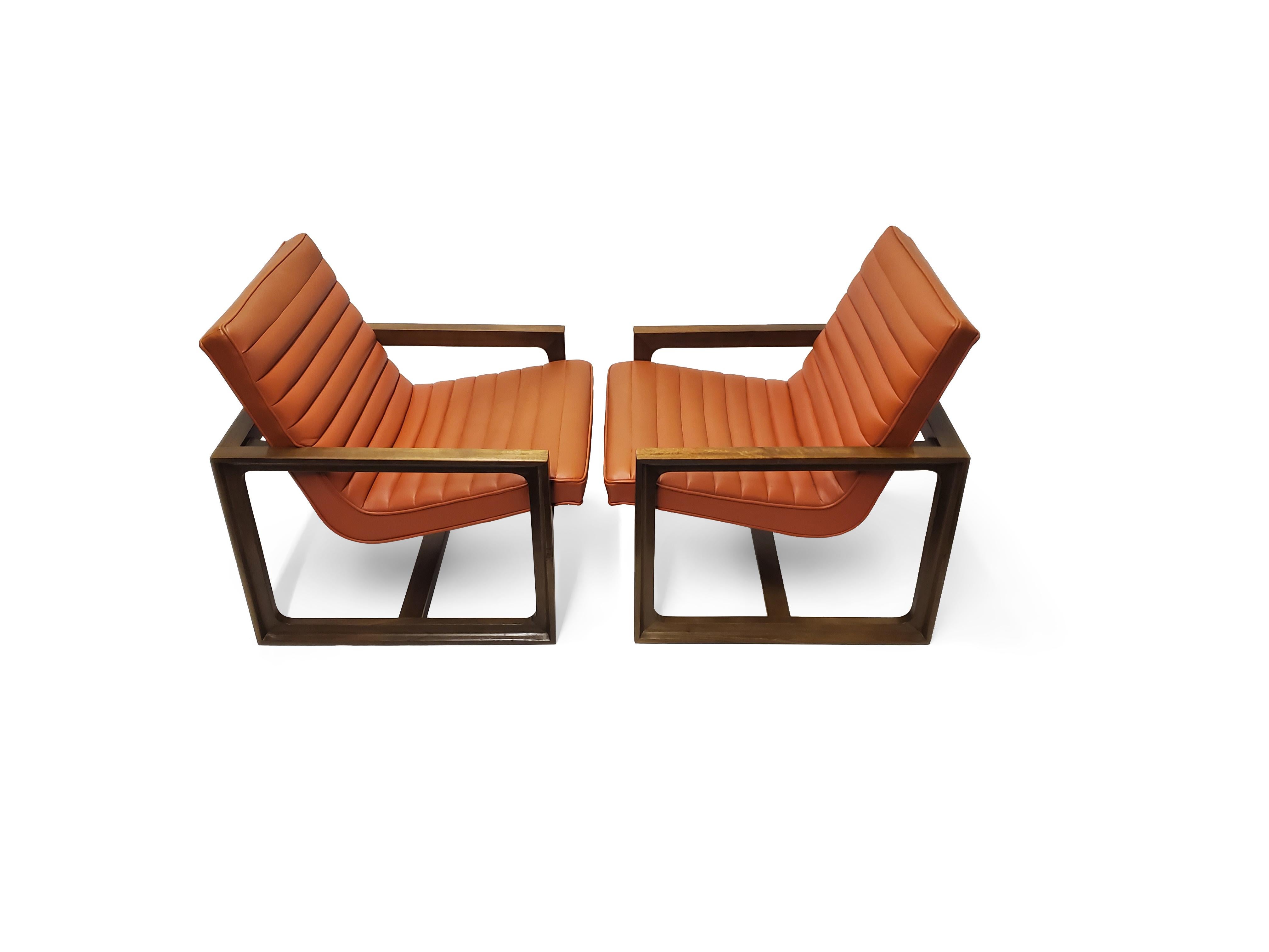 Pair of Signed Drexel Walnut Frame Floating Lounge Chairs  For Sale 3