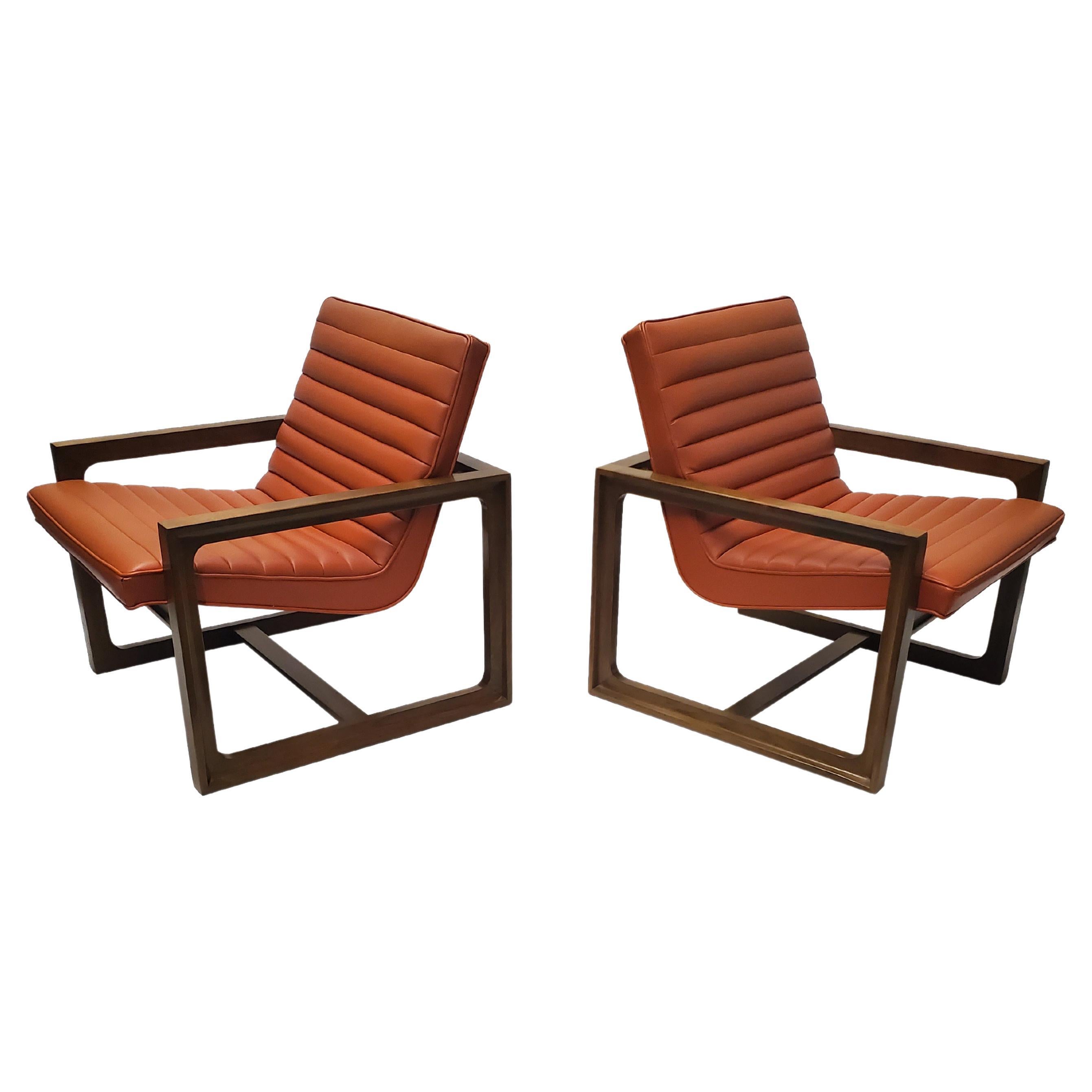 Pair of Signed Drexel Walnut Frame Floating Lounge Chairs 