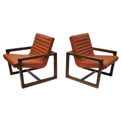 Pair of Signed Drexel Walnut Frame Floating Lounge Chairs 