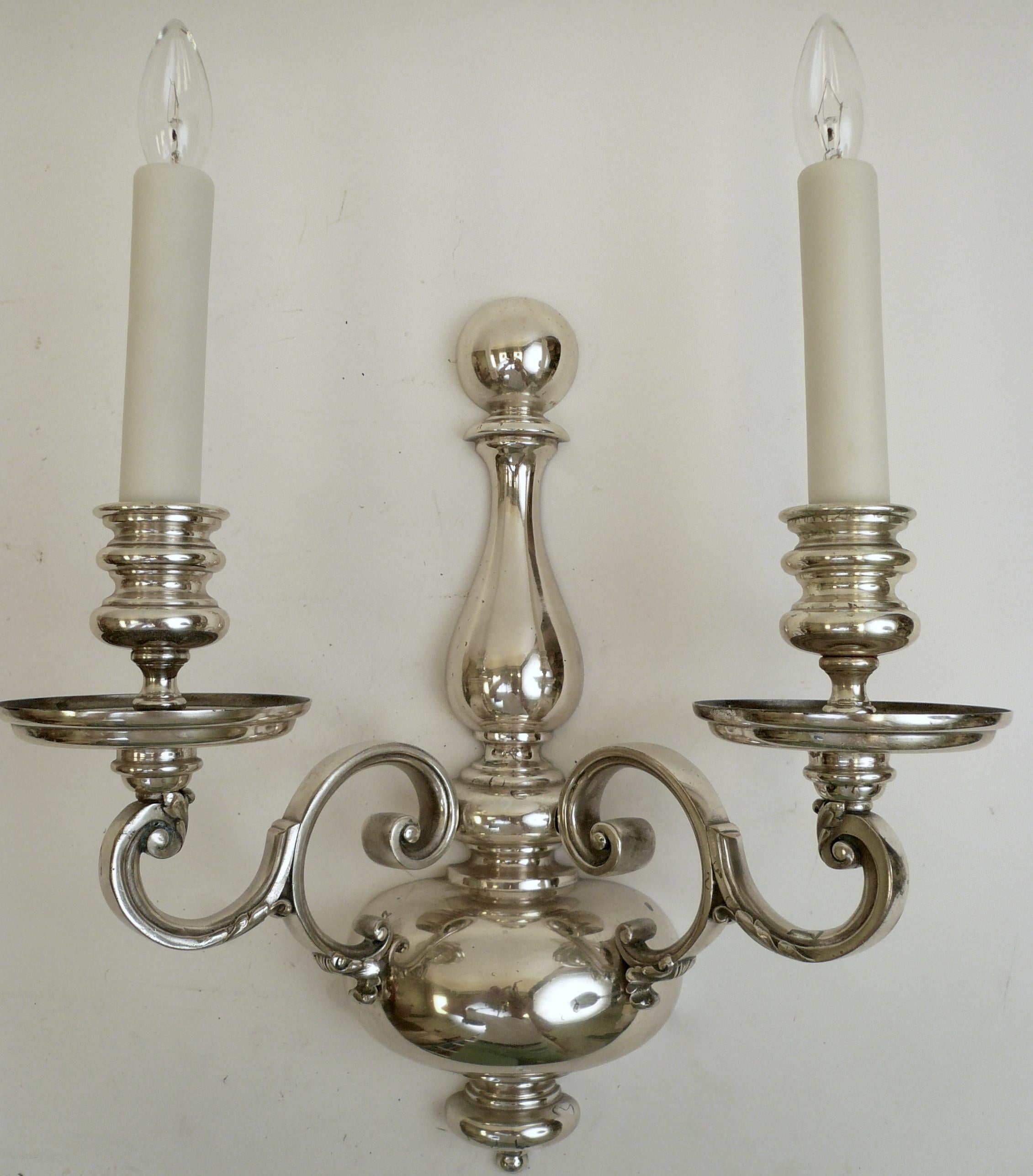Bronze Pair of Signed E. F. Caldwell Georgian Style Silver Two-Light Sconces