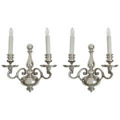Pair of Signed E. F. Caldwell Georgian Style Silver Two-Light Sconces