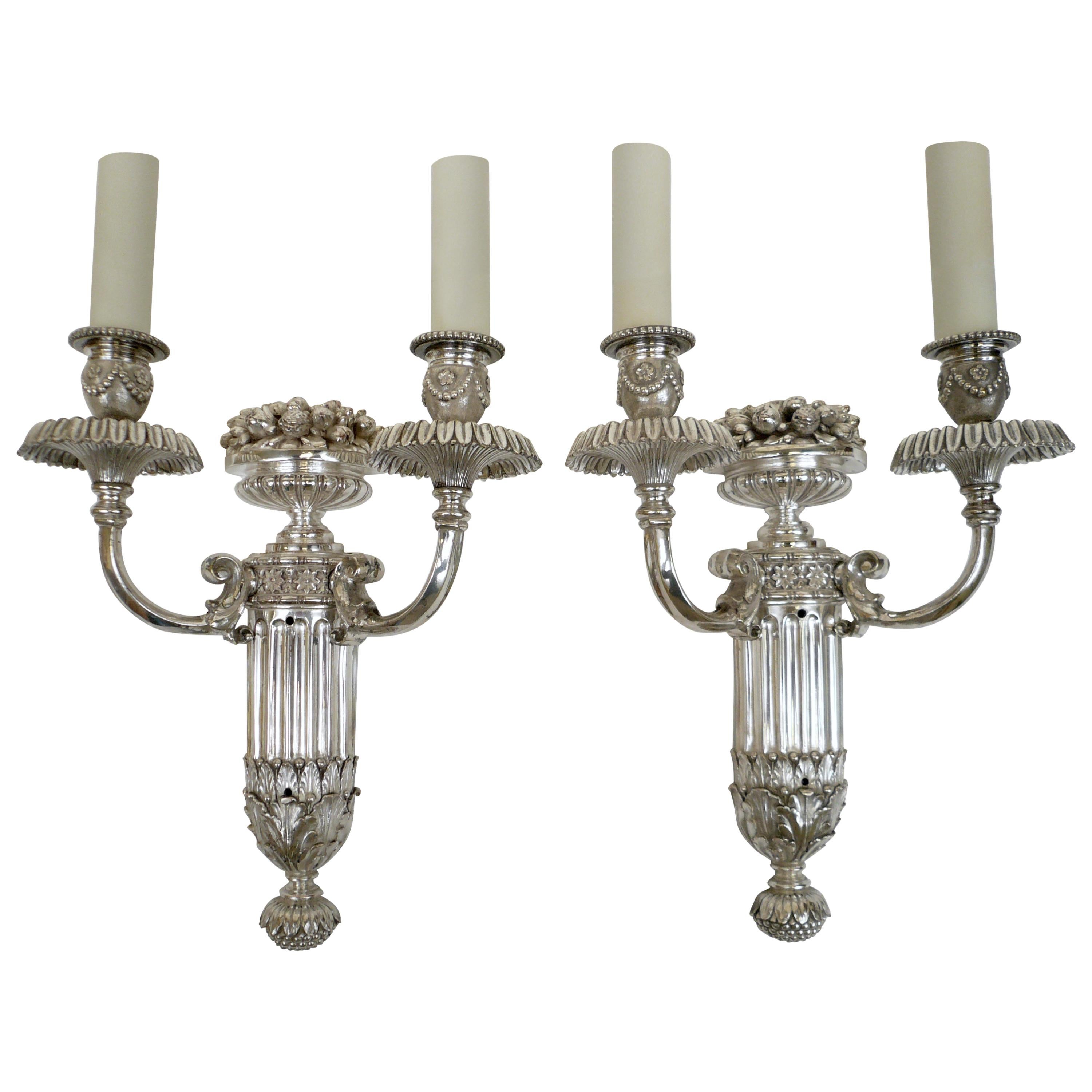 Pair of Signed E. F. Caldwell Slivered Bronze Two-Light Sconces For Sale