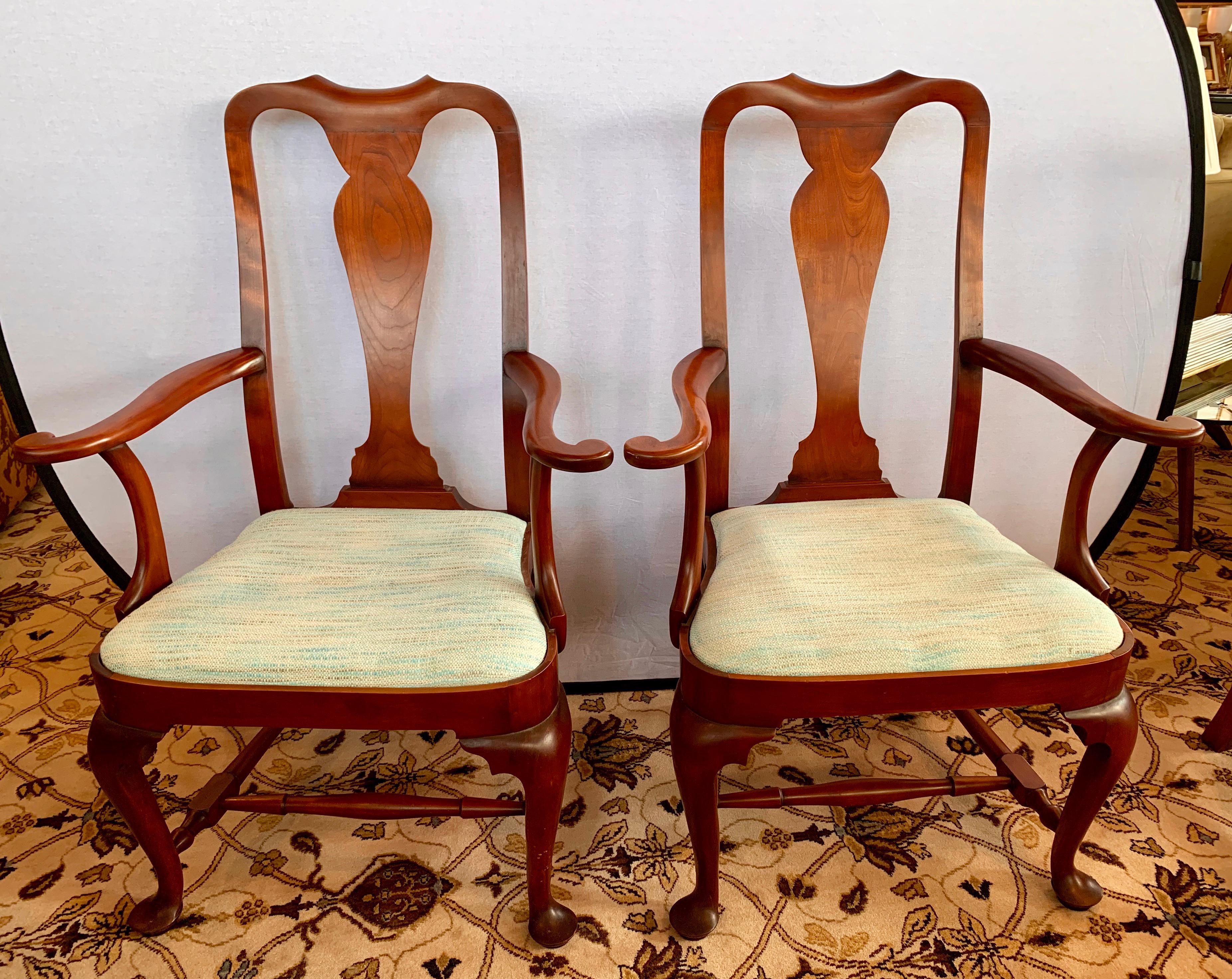 Pair of Eldred Wheeler Queen Anne style armchairs are individually handcrafted and 100% American made in New England using true period 18th century designs and the finest premium woods. We have two pairs available.