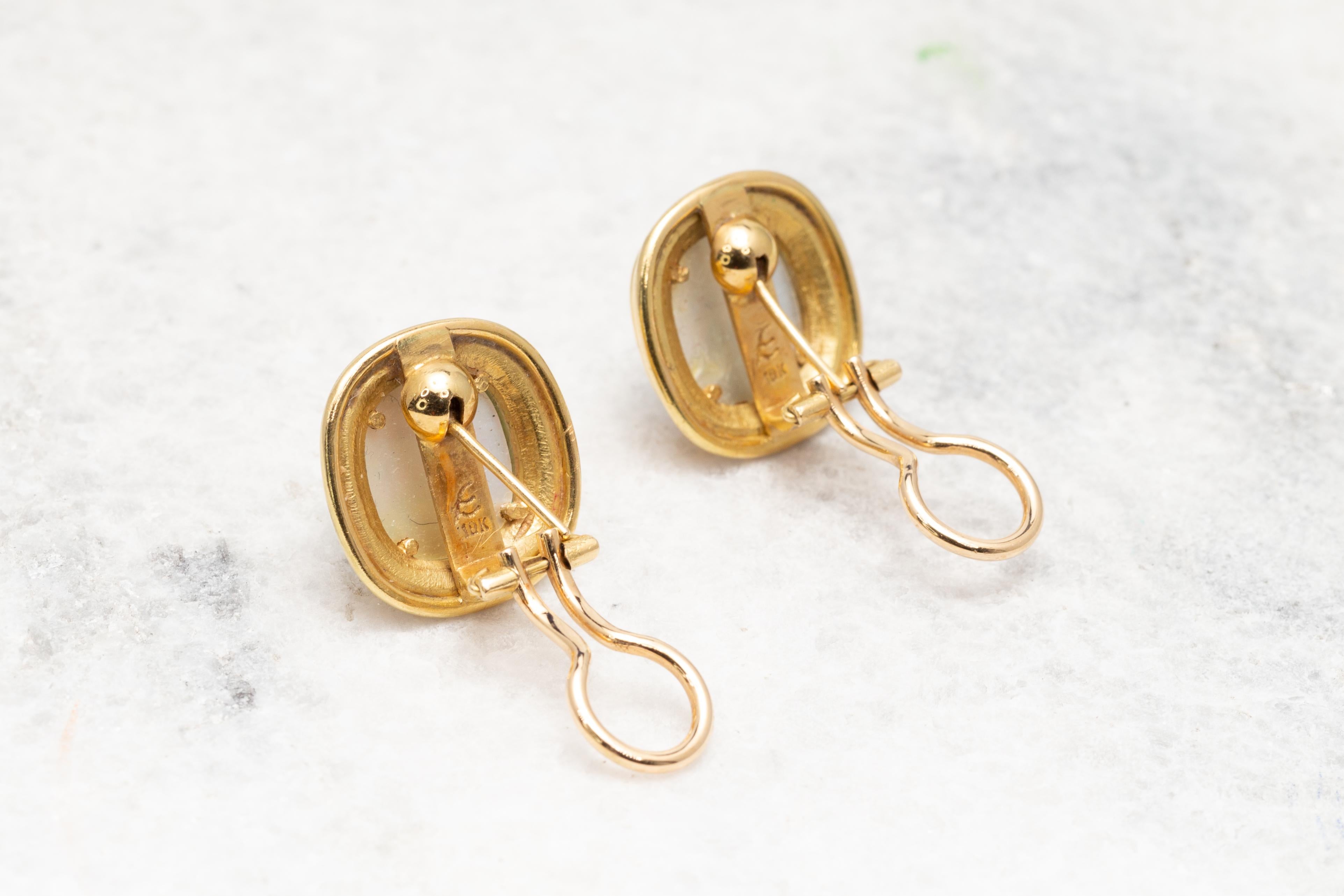 Pair of Signed Elizabeth Locke Artemis Glass Intaglio Earrings in Yellow Gold 1