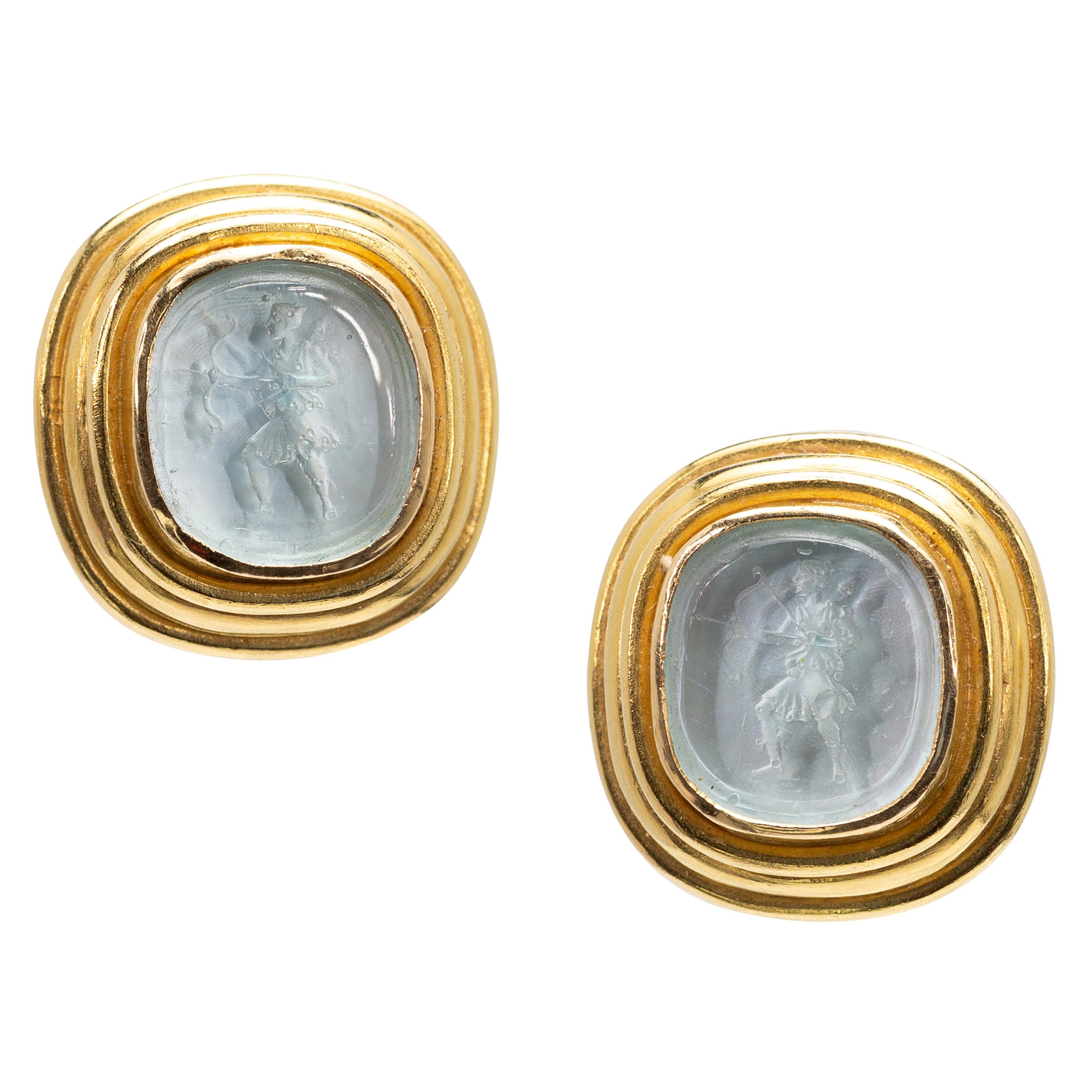 Pair of Signed Elizabeth Locke Artemis Glass Intaglio Earrings in Yellow Gold