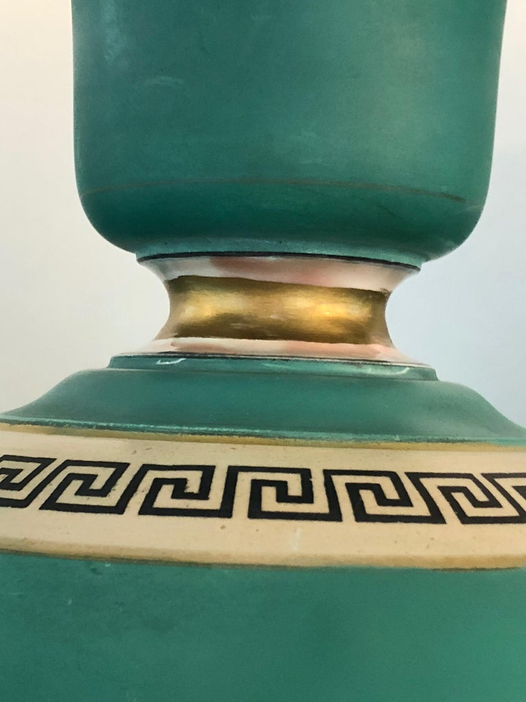 Pair of Signed F and R Pratt Earthenware Grecian/Roman Themed Greek Key Vases For Sale at 1stdibs