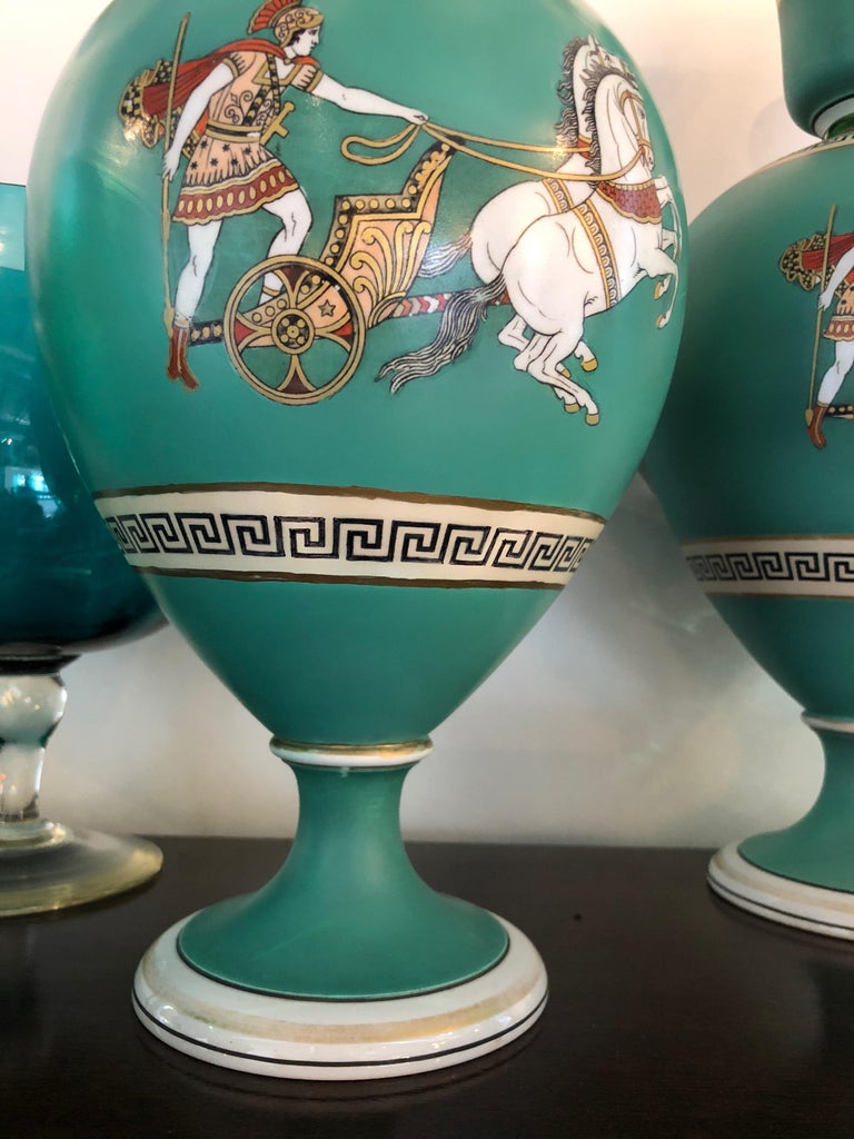 Pair of Signed F and R Pratt Earthenware Grecian/Roman Themed Greek Key Vases For Sale at 1stdibs