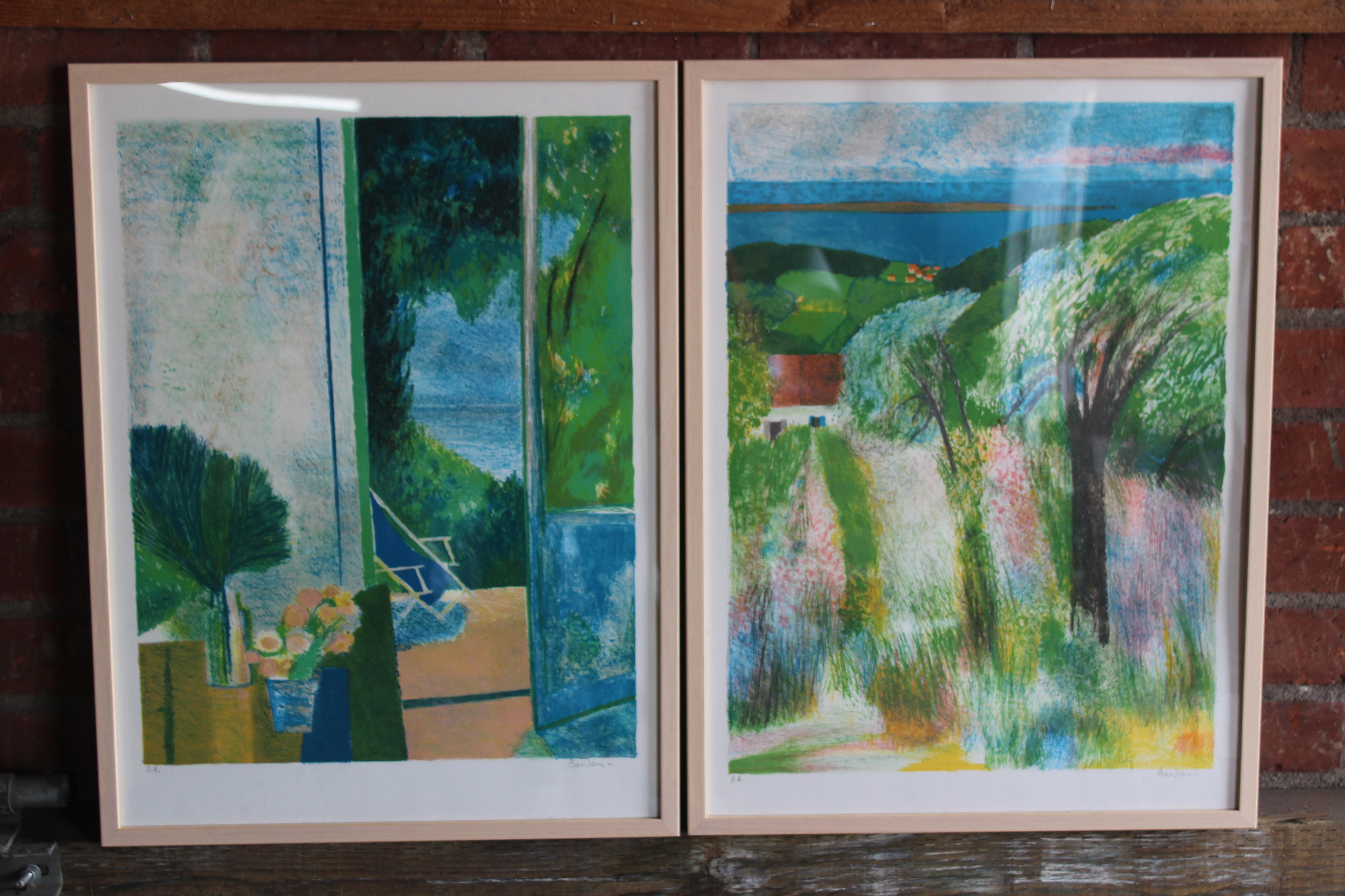 Mid-Century Modern Pair of Signed Framed Lithographs by Guy Bardone, France, 1960s