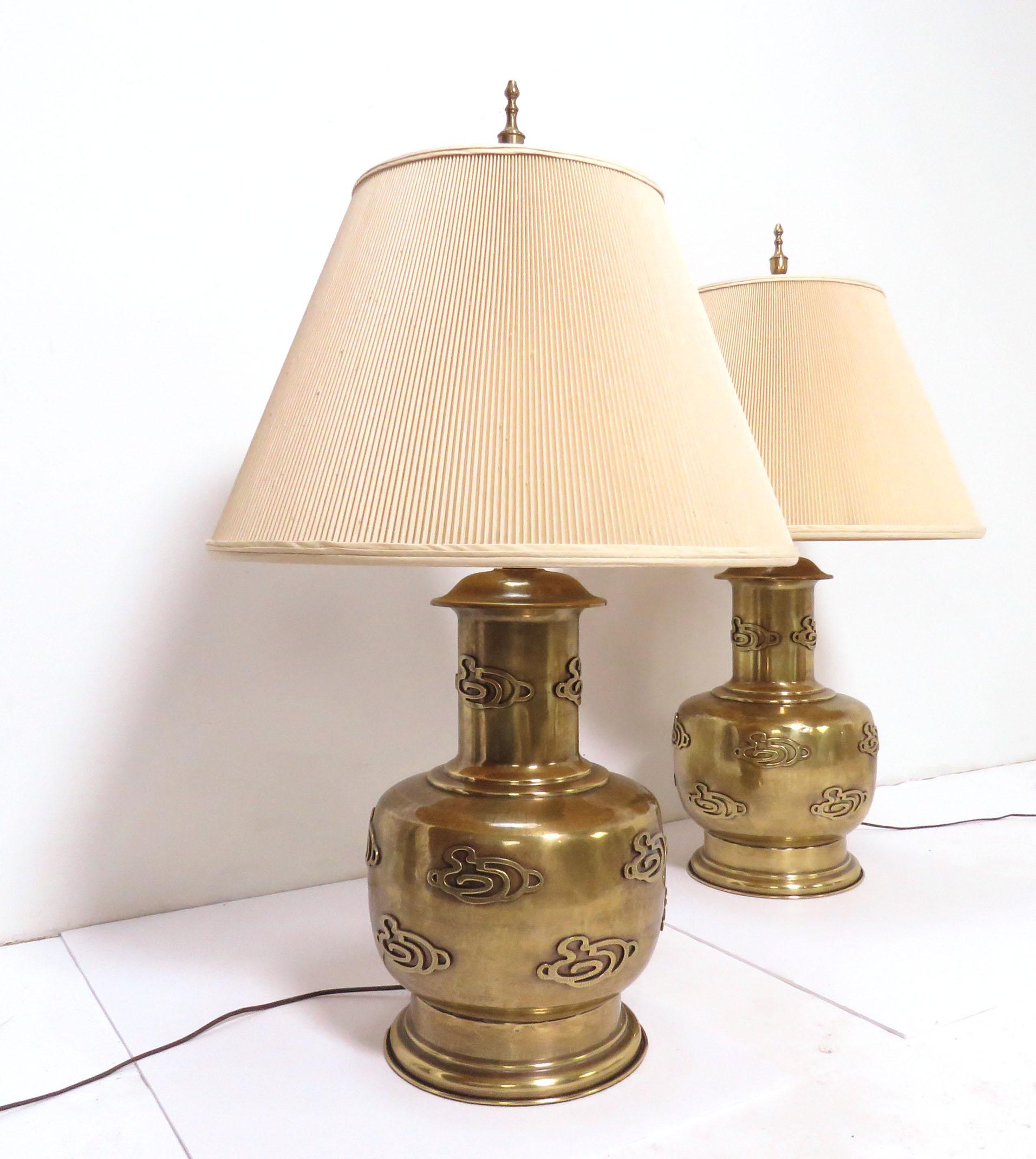 Pair of Signed Frederick Cooper Large Large Hammered Brass Table Lamp For