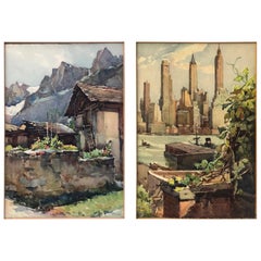 Vintage Pair of Signed French Watercolors Artist Marc, Sky Scrapers and a Mountain Shed