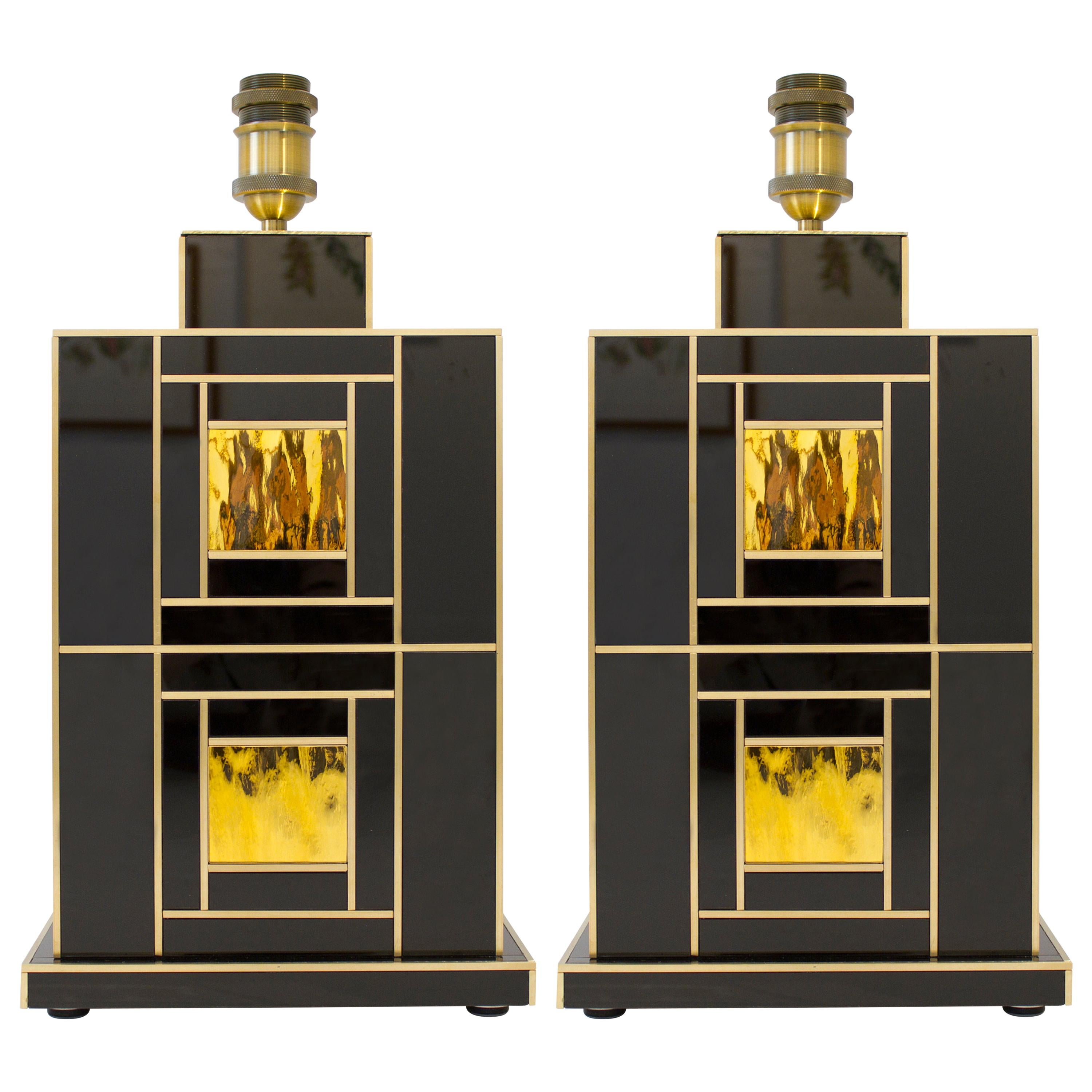 Pair of Signed Geometric Black and Gold Glass with Brass Inlays Lamps, Spain