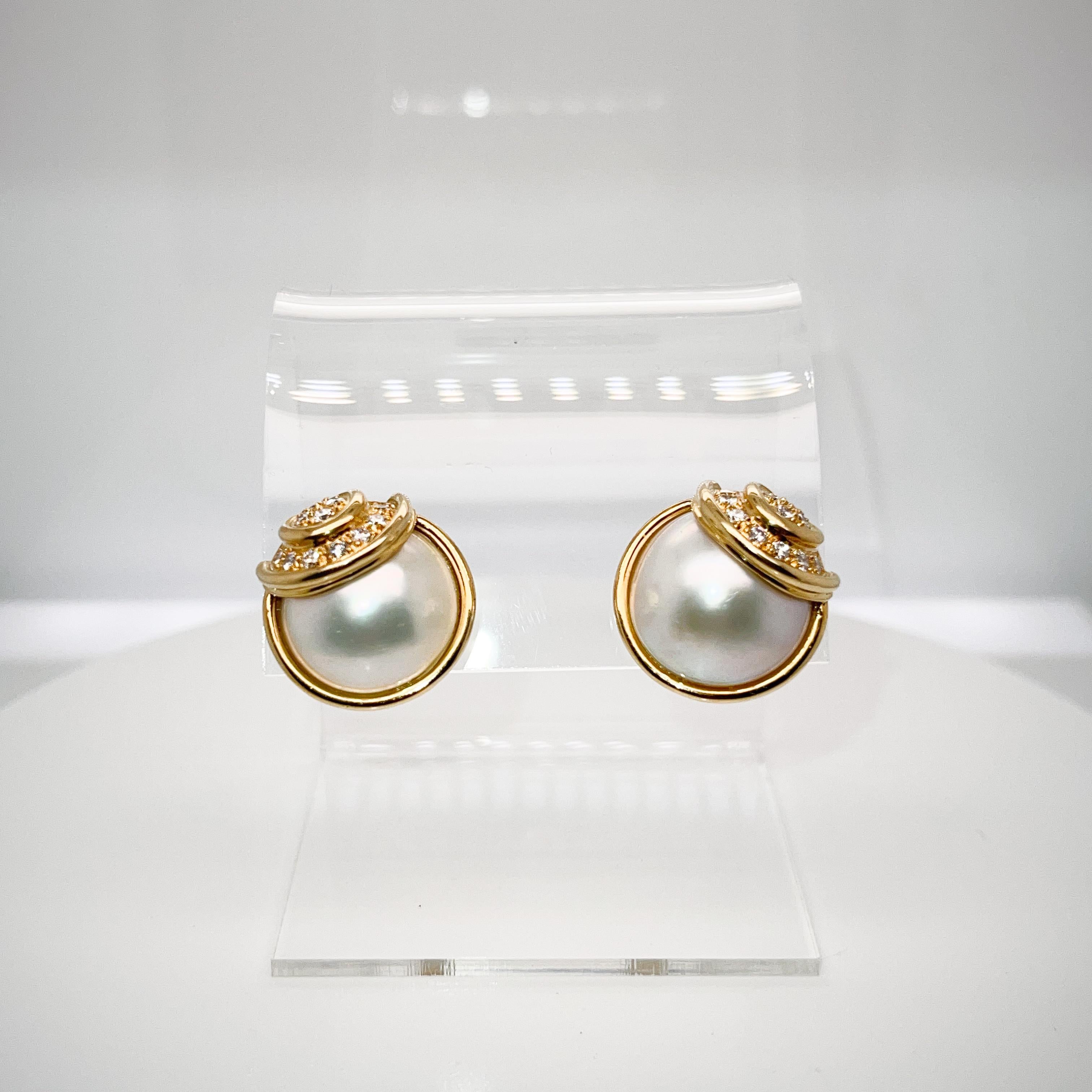 Pair of Signed Gübelin 18K Gold, Diamond & Mabe Pearl Clip-On Earrings For Sale 6