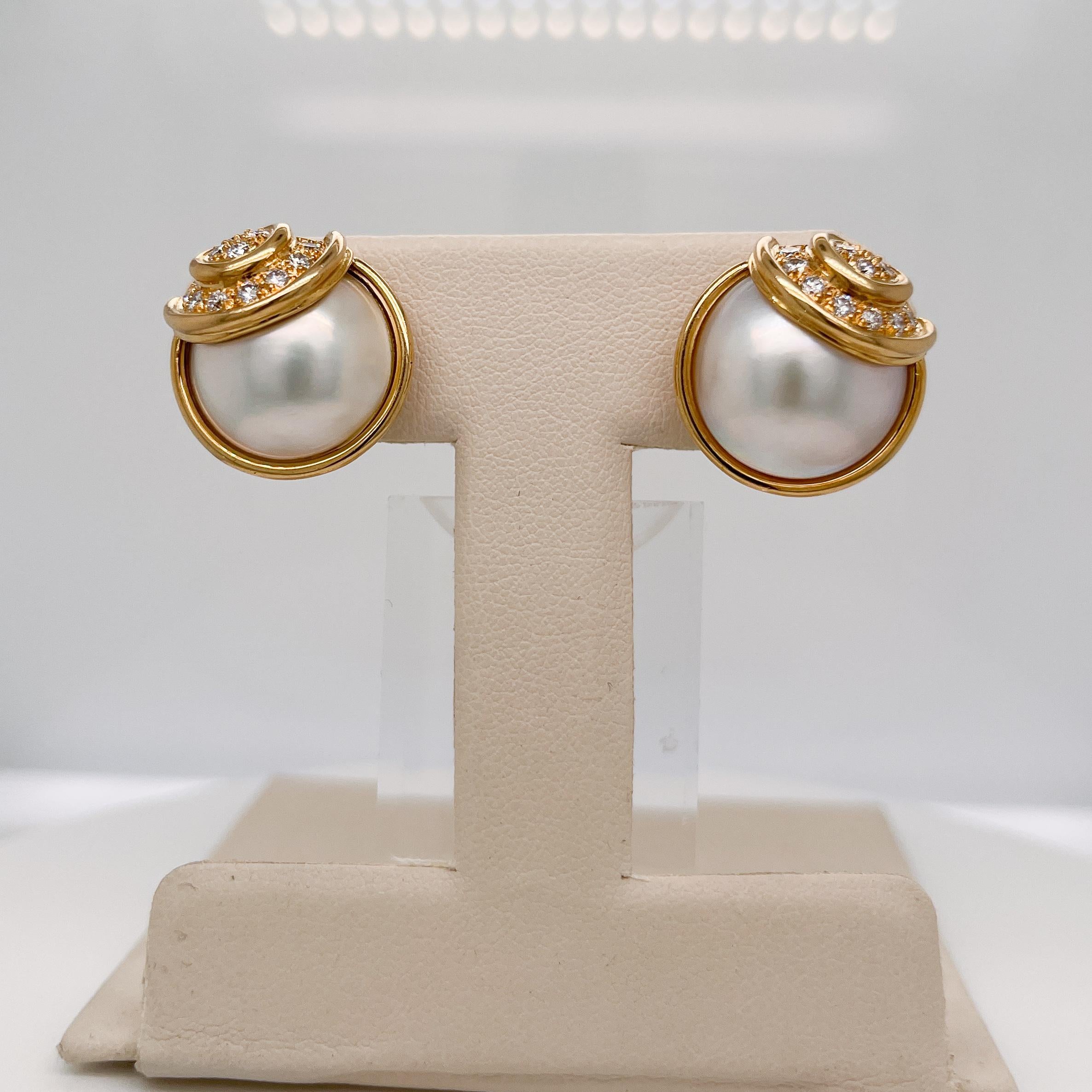Round Cut Pair of Signed Gübelin 18K Gold, Diamond & Mabe Pearl Clip-On Earrings For Sale