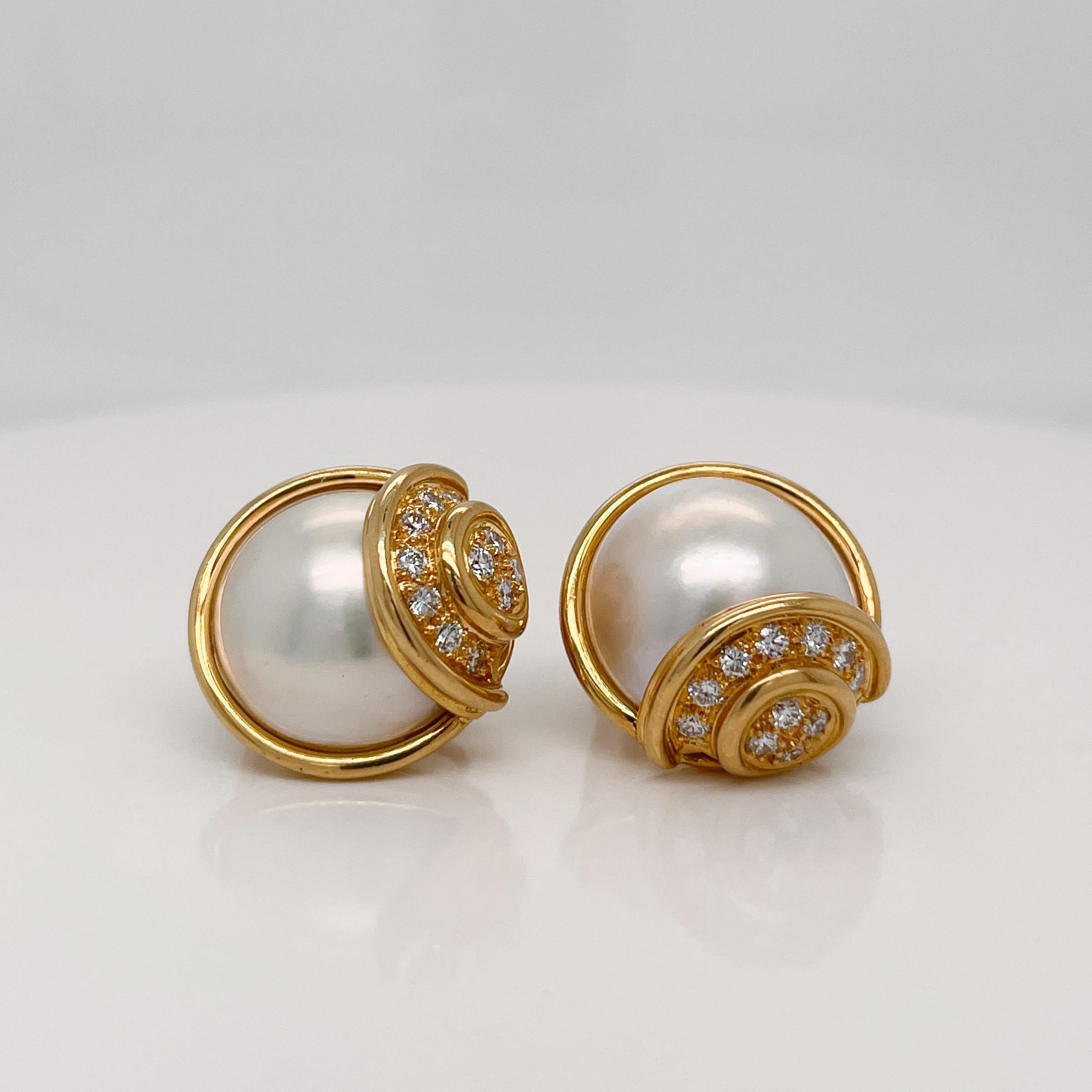 Pair of Signed Gübelin 18K Gold, Diamond & Mabe Pearl Clip-On Earrings In Good Condition For Sale In Philadelphia, PA