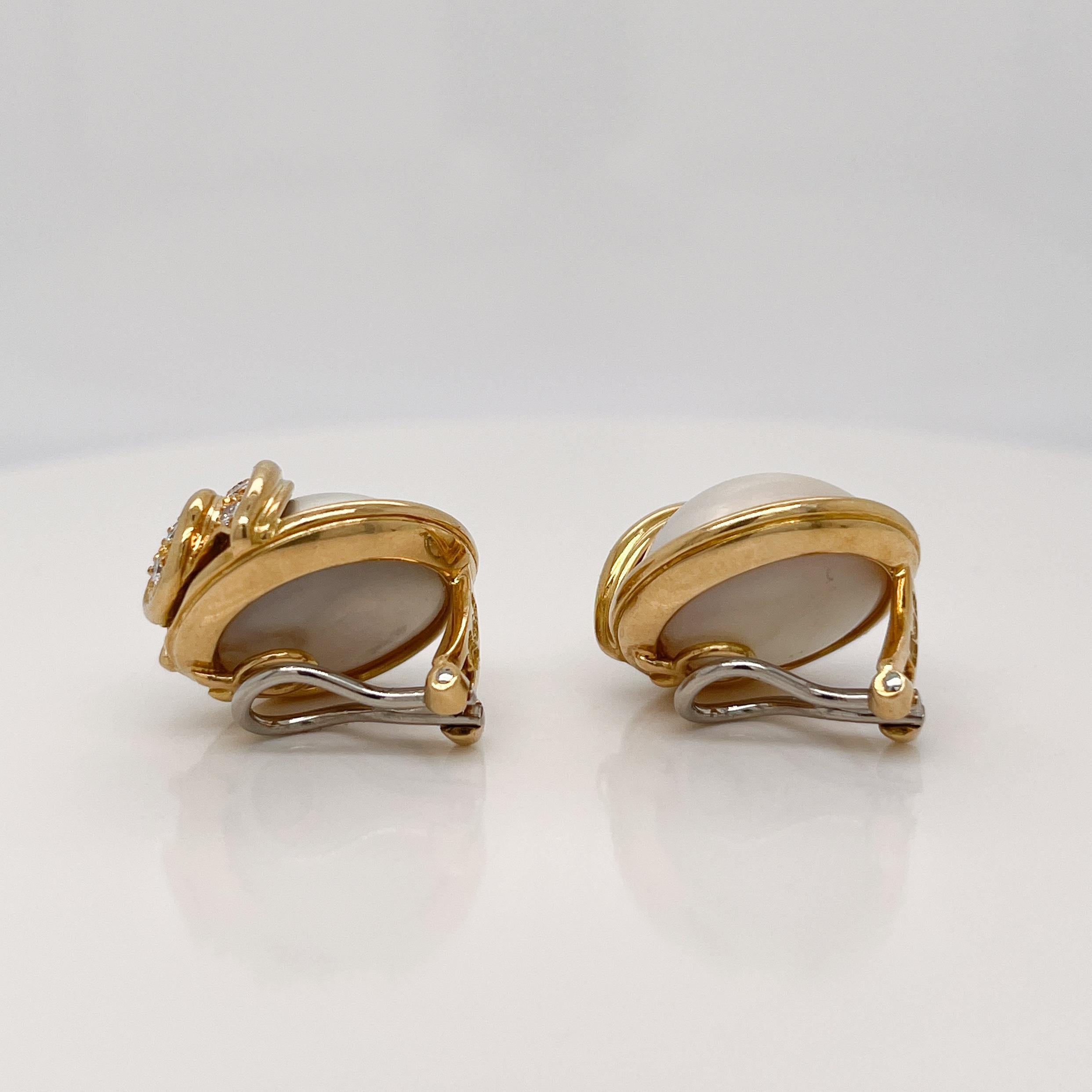 Women's Pair of Signed Gübelin 18K Gold, Diamond & Mabe Pearl Clip-On Earrings For Sale