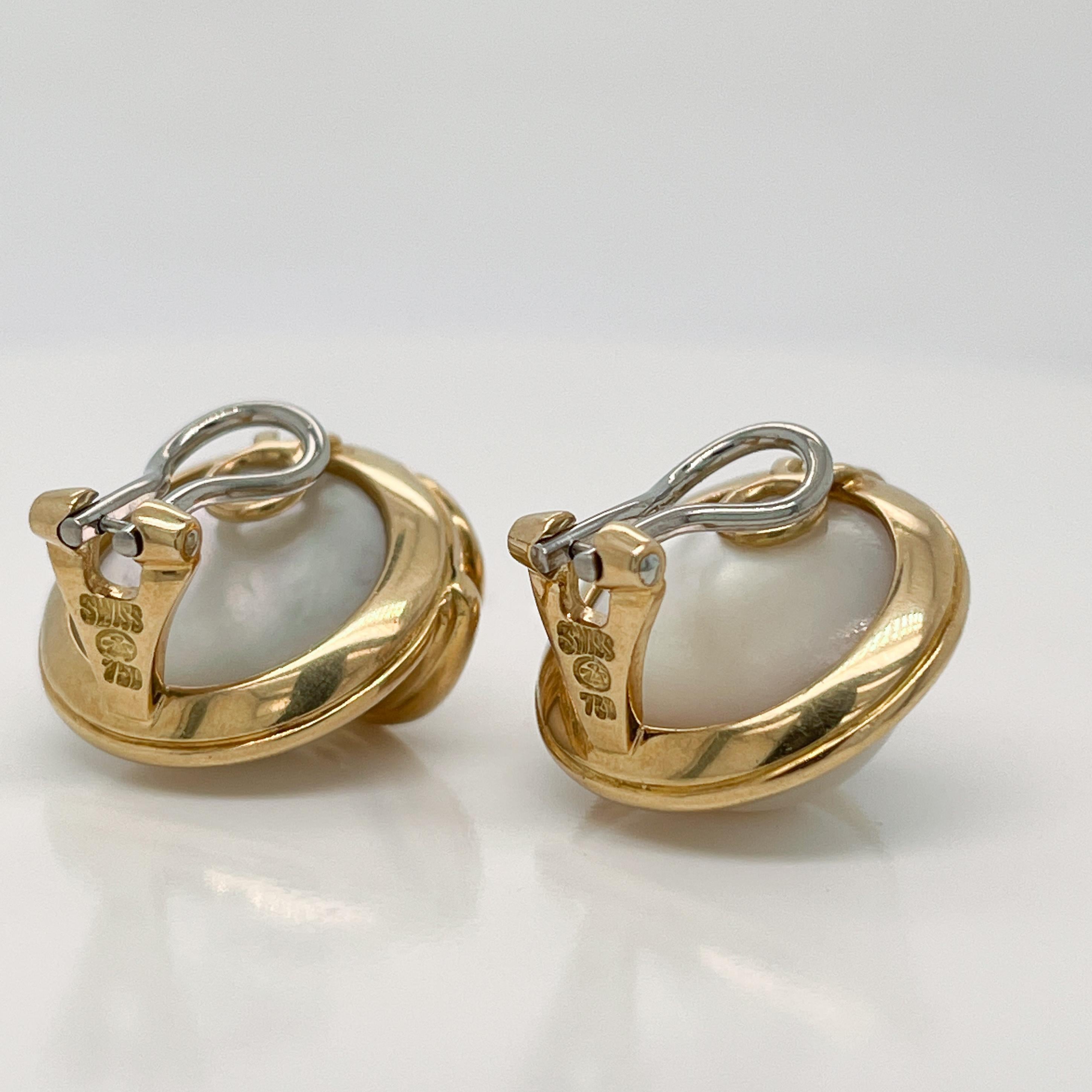 Pair of Signed Gübelin 18K Gold, Diamond & Mabe Pearl Clip-On Earrings For Sale 3