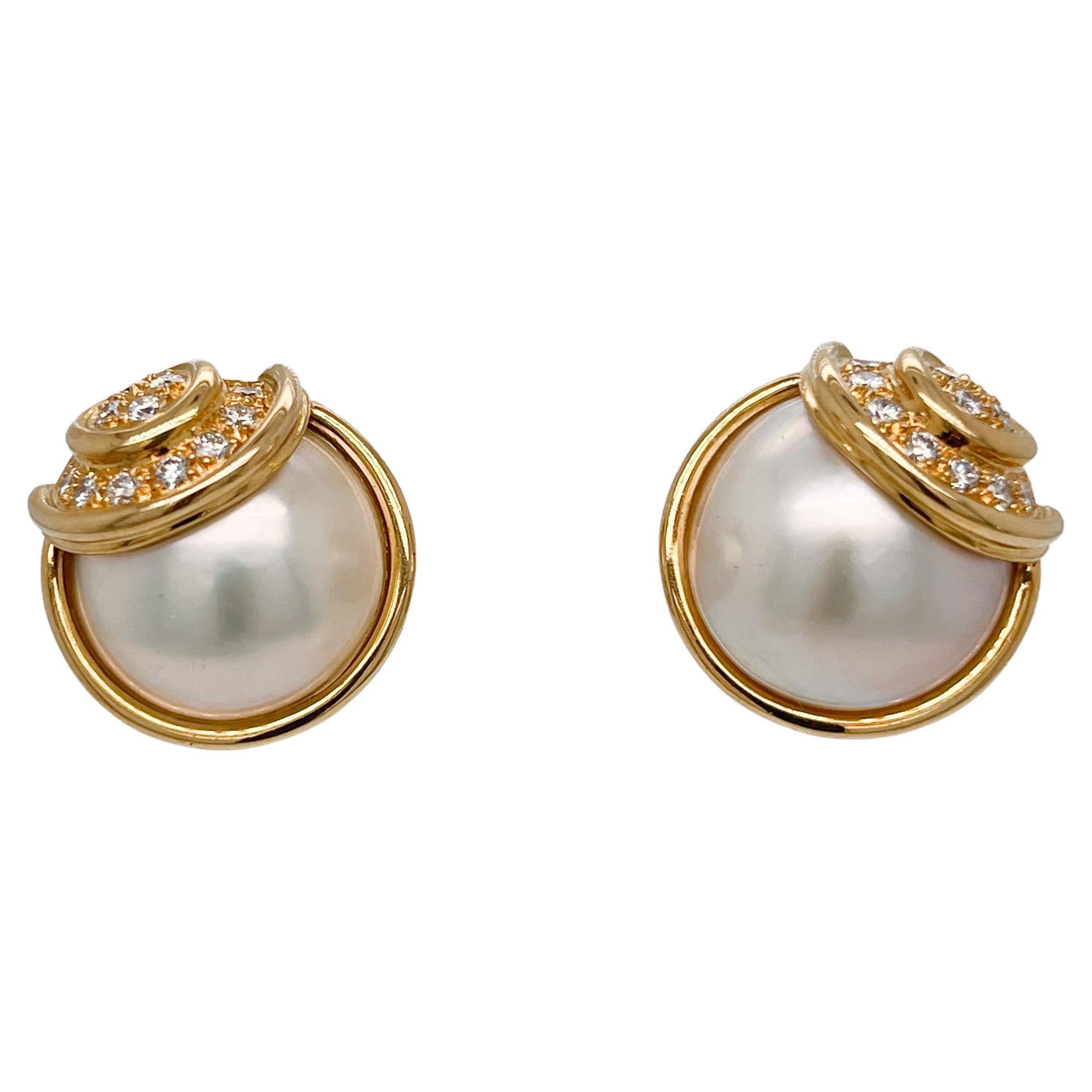 Pair of Signed Gübelin 18K Gold, Diamond & Mabe Pearl Clip-On Earrings For Sale