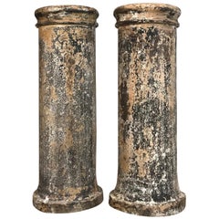 Used Pair of Signed Hand Painted Biscuit Terracotta Chimney Pots/Planters/Pedestals