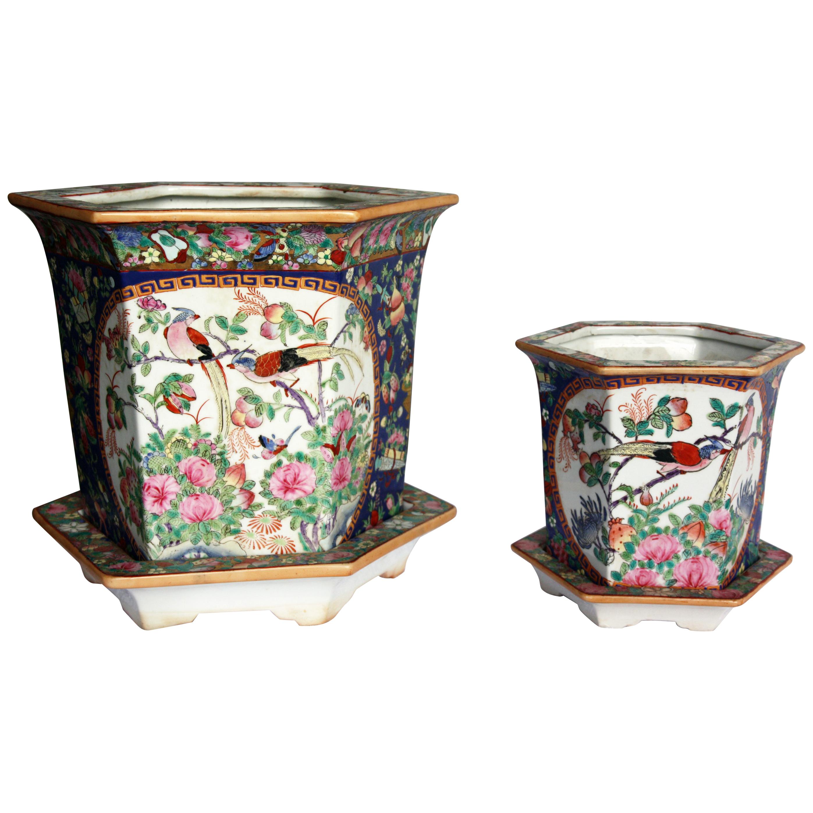 Pair of Signed, Hand-Painted Jardinieres, Large and Small with Plates