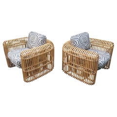 Pair of Signed Henry Olko Rattan & Cane Rib Series Lounge Chairs