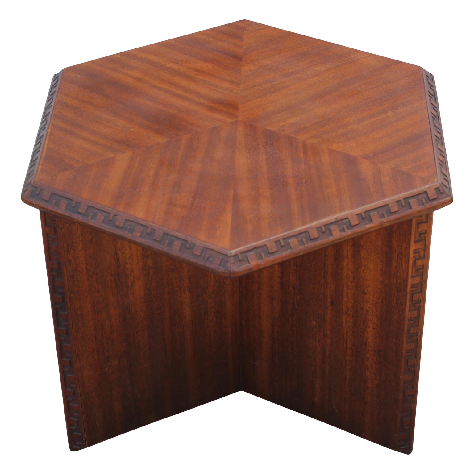 Stunning pair of hexagon end tables by Frank Lloyd Wright. He made them for Henredon and added a Greek key design along the edges of the tables. Both tables are signed on the bottom of the tabletop and have his logo on the table leg.
