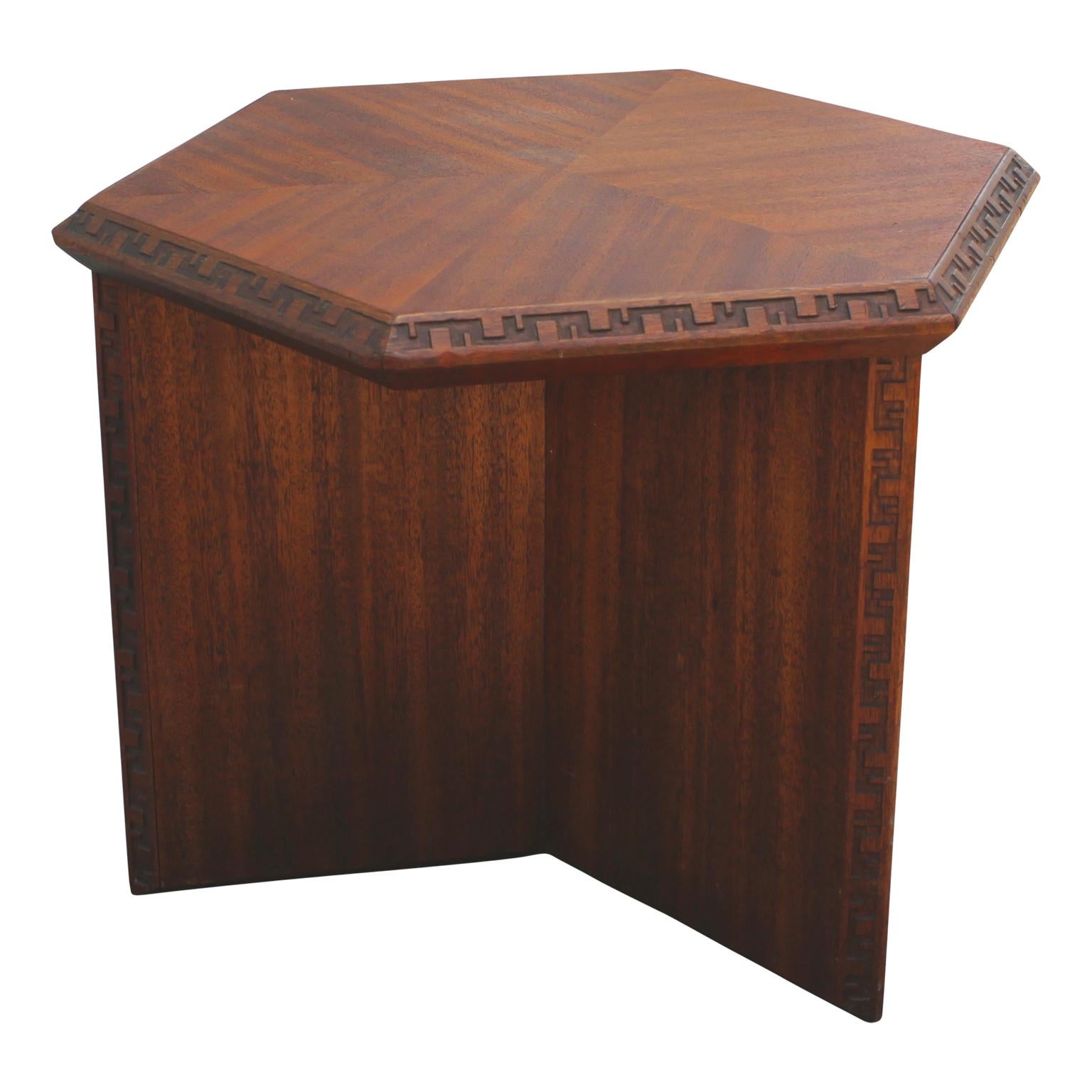 Mid-Century Modern Pair of Signed Hexagon Greek Key End Tables by Frank Lloyd Wright for Henredon