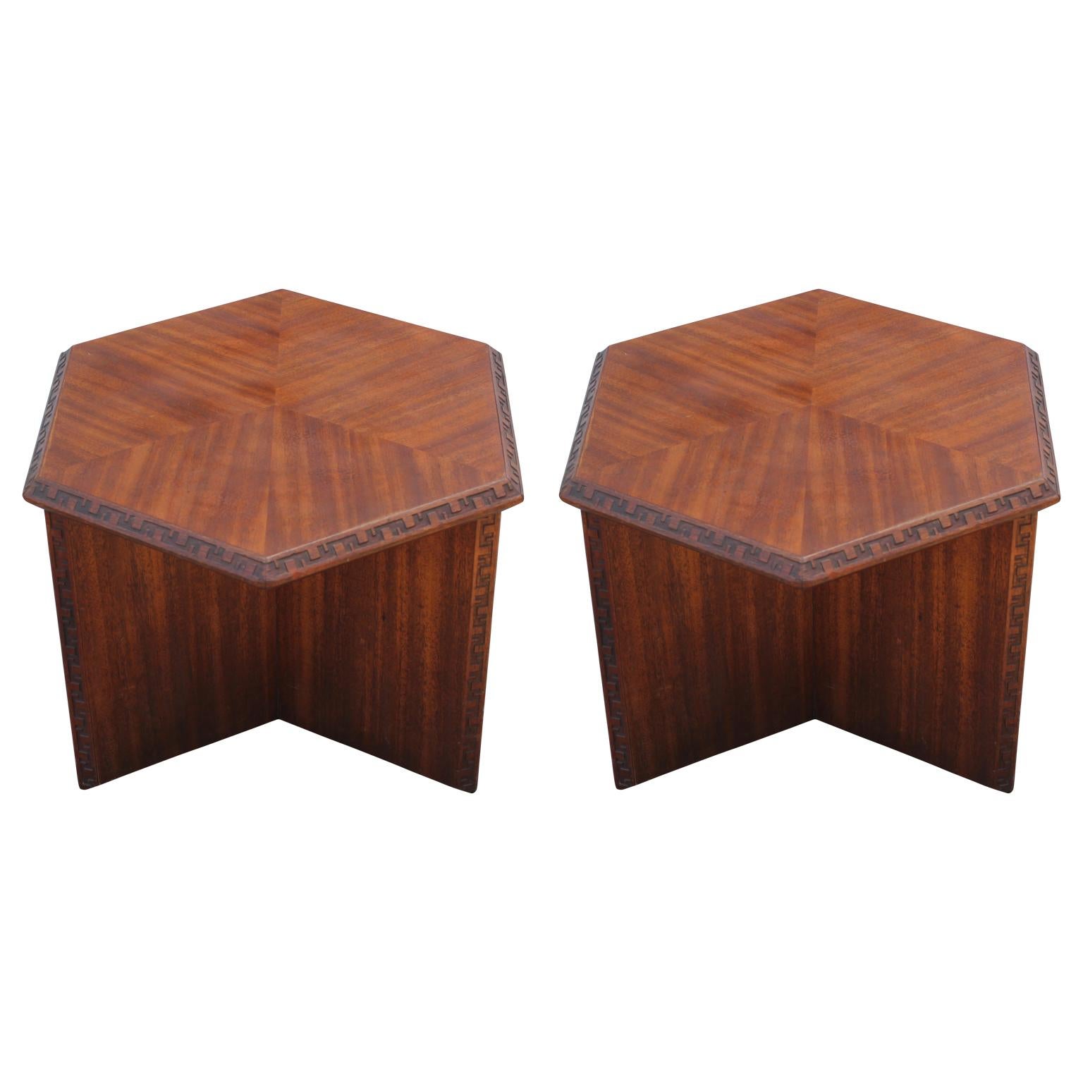 Pair of Signed Hexagon Greek Key End Tables by Frank Lloyd Wright for Henredon