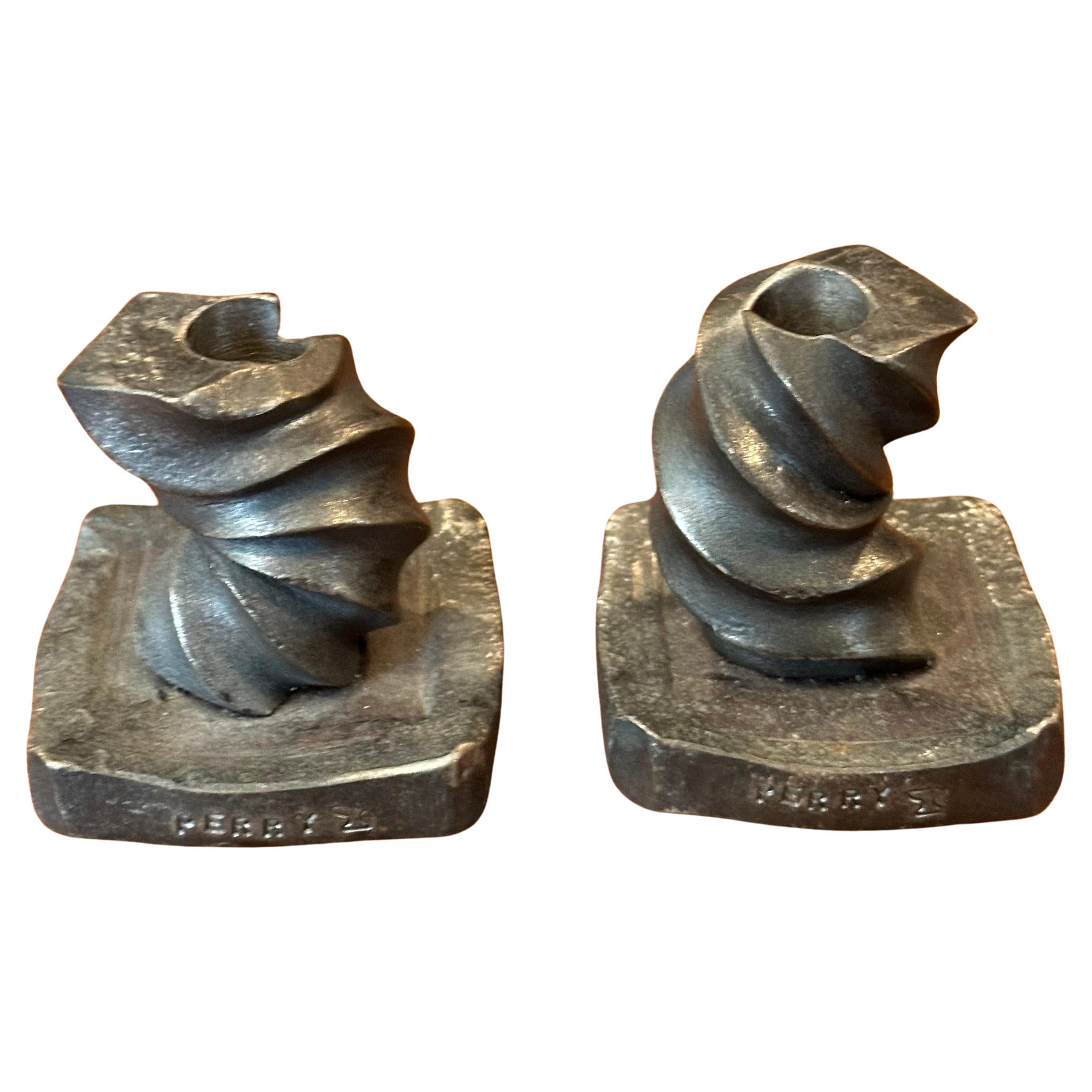 Pair of Signed Iron Brutalist Candle Holders For Sale 5