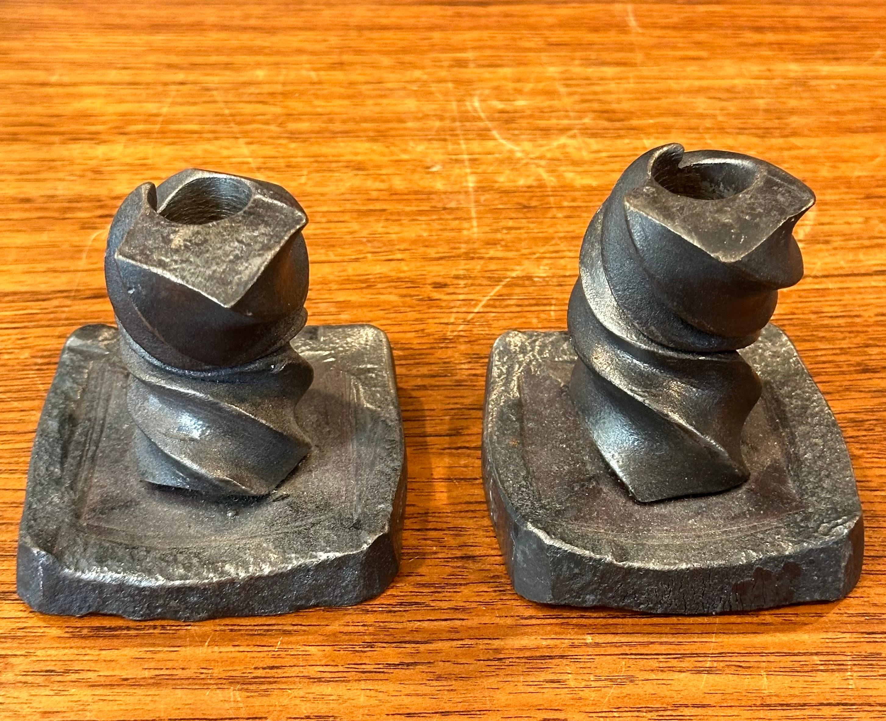 American Pair of Signed Iron Brutalist Candle Holders For Sale