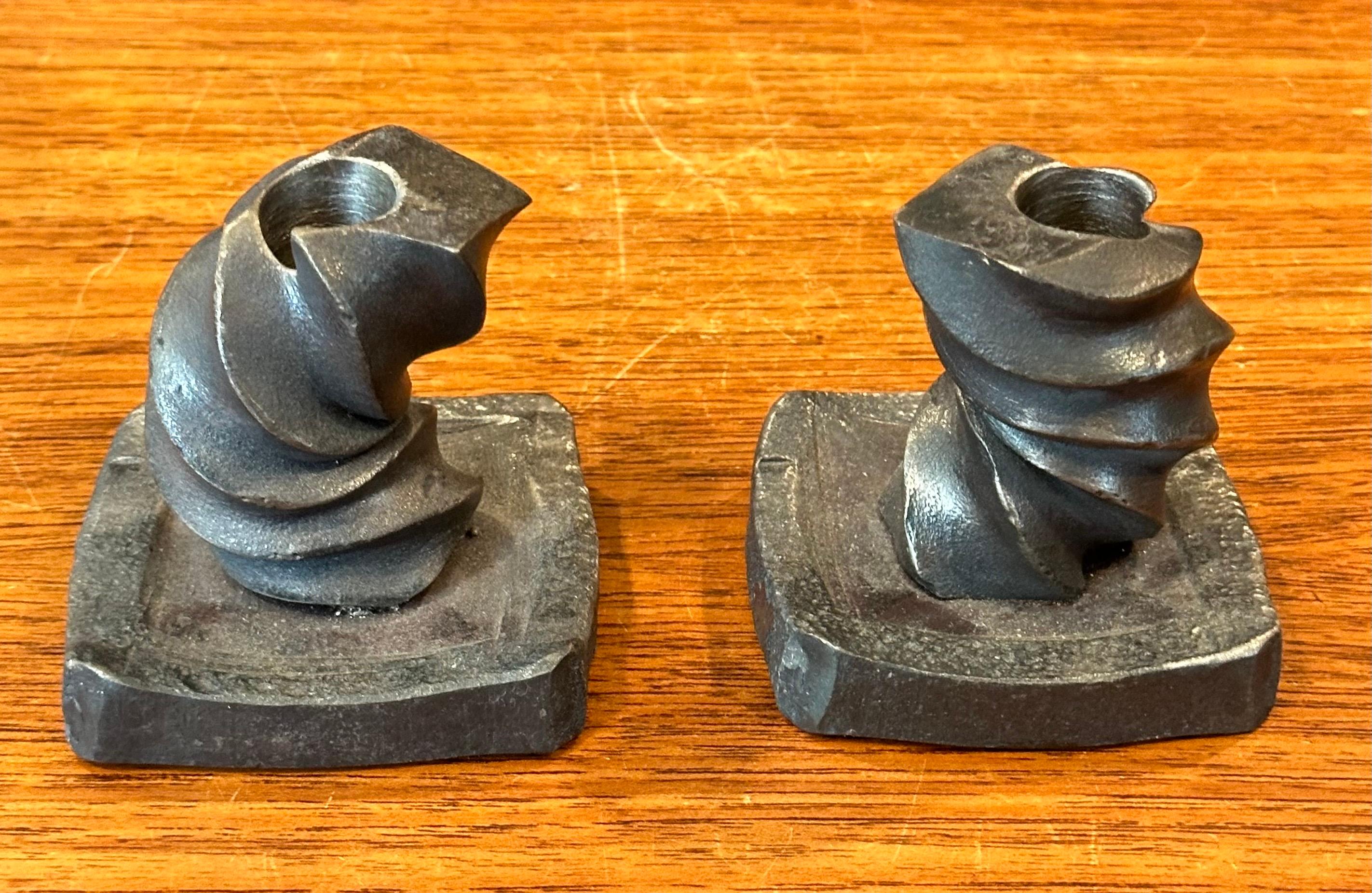 Pair of Signed Iron Brutalist Candle Holders In Good Condition For Sale In San Diego, CA