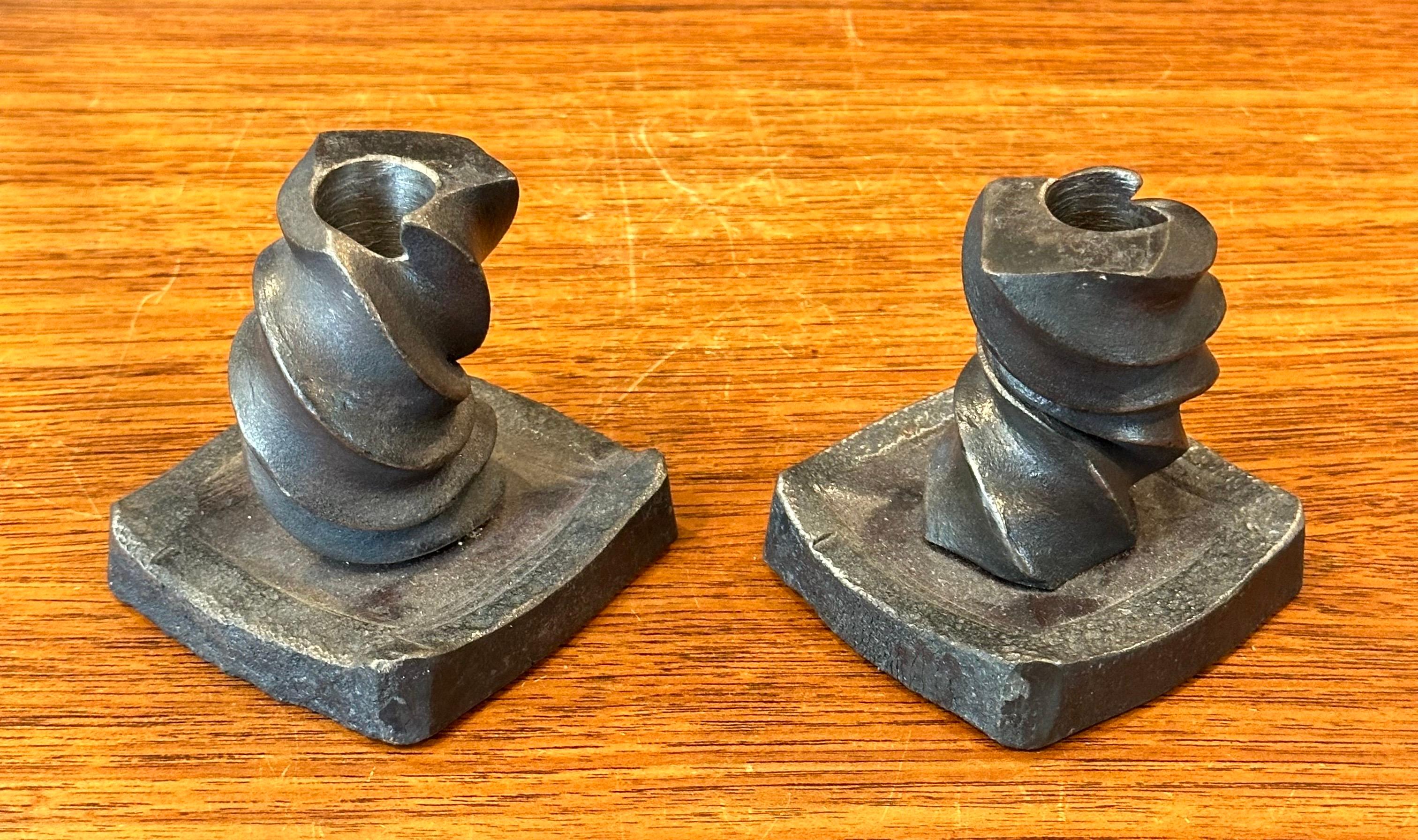 20th Century Pair of Signed Iron Brutalist Candle Holders For Sale