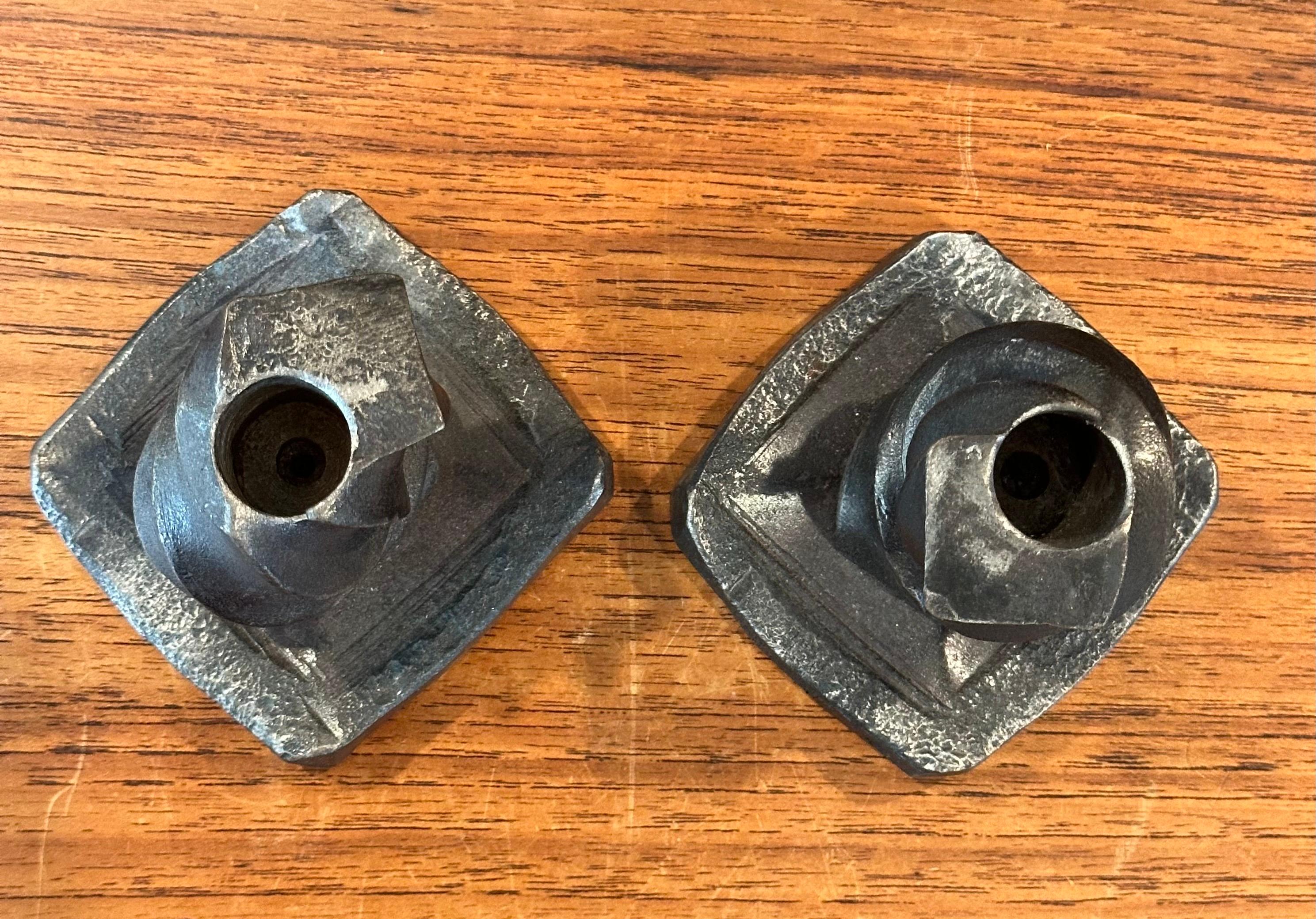 Pair of Signed Iron Brutalist Candle Holders For Sale 1