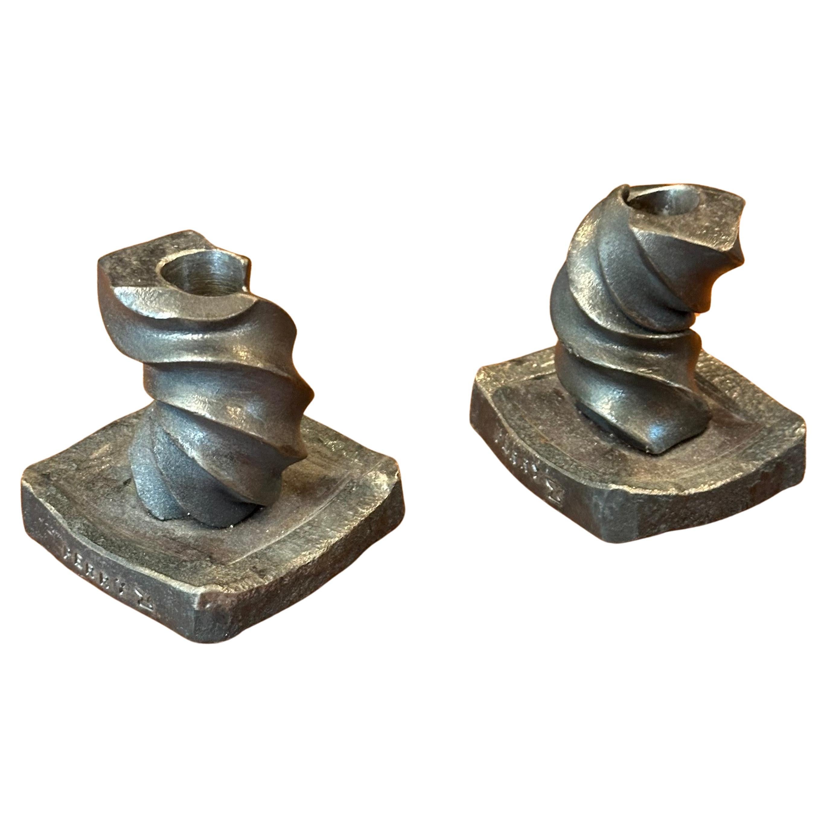 Pair of Signed Iron Brutalist Candle Holders For Sale