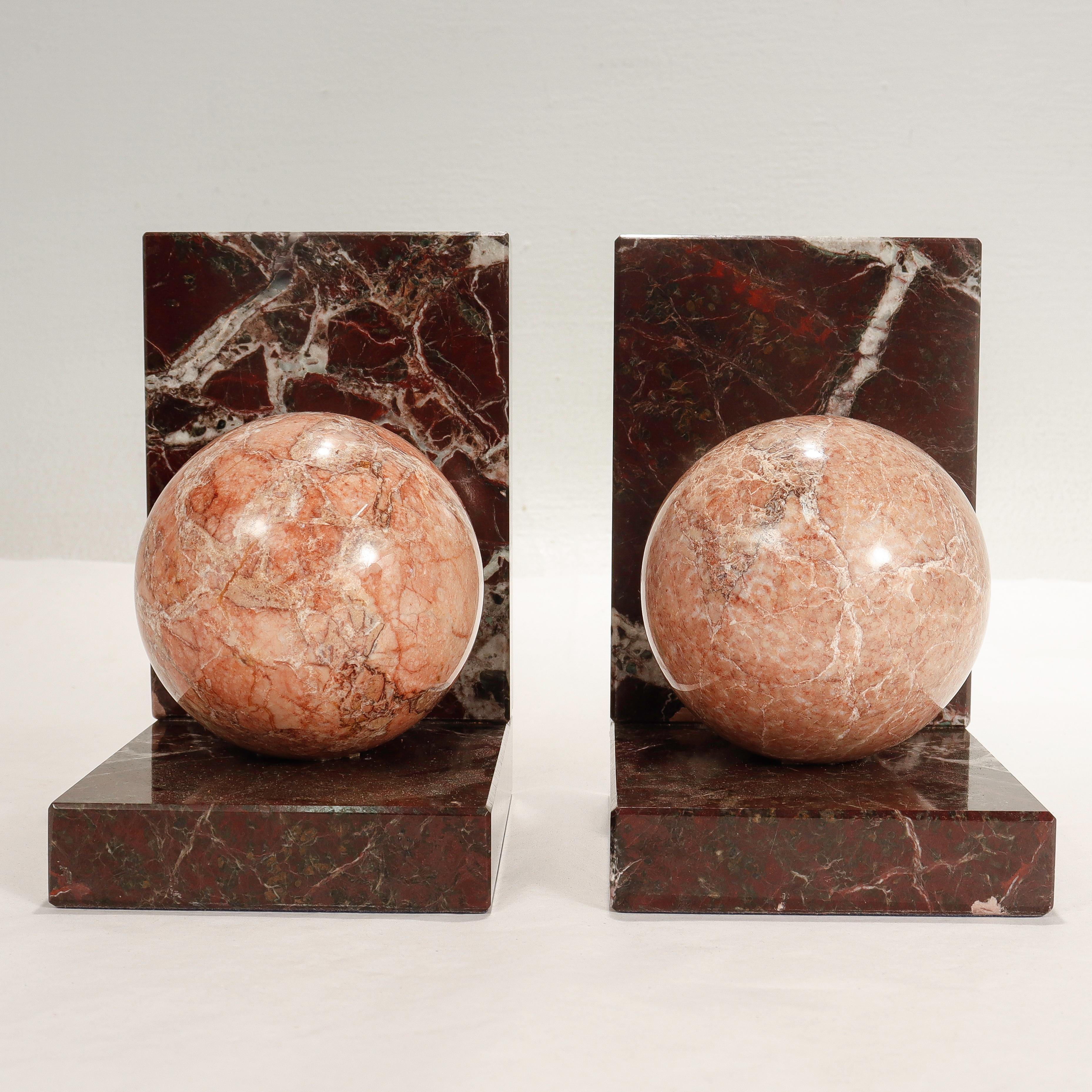 Pair of Signed Italian R. Romanelli Pink & Burgundy Marble Bookends 1