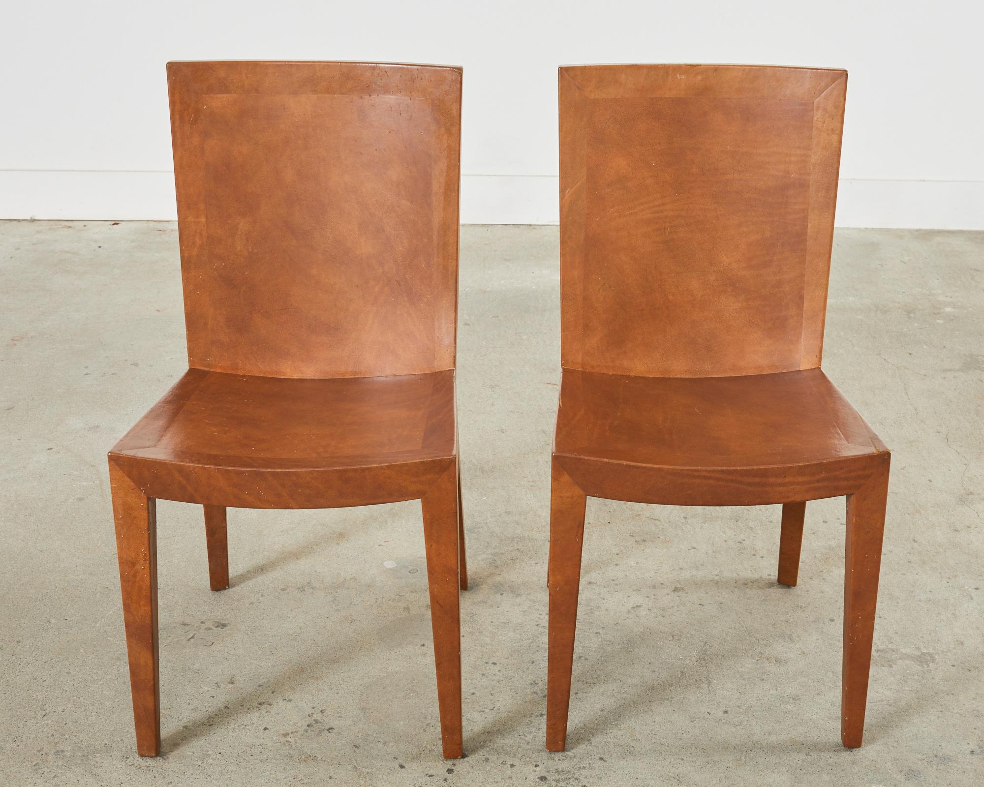 American Pair of Signed Karl Springer Goatskin JMF Chairs, 1986 For Sale