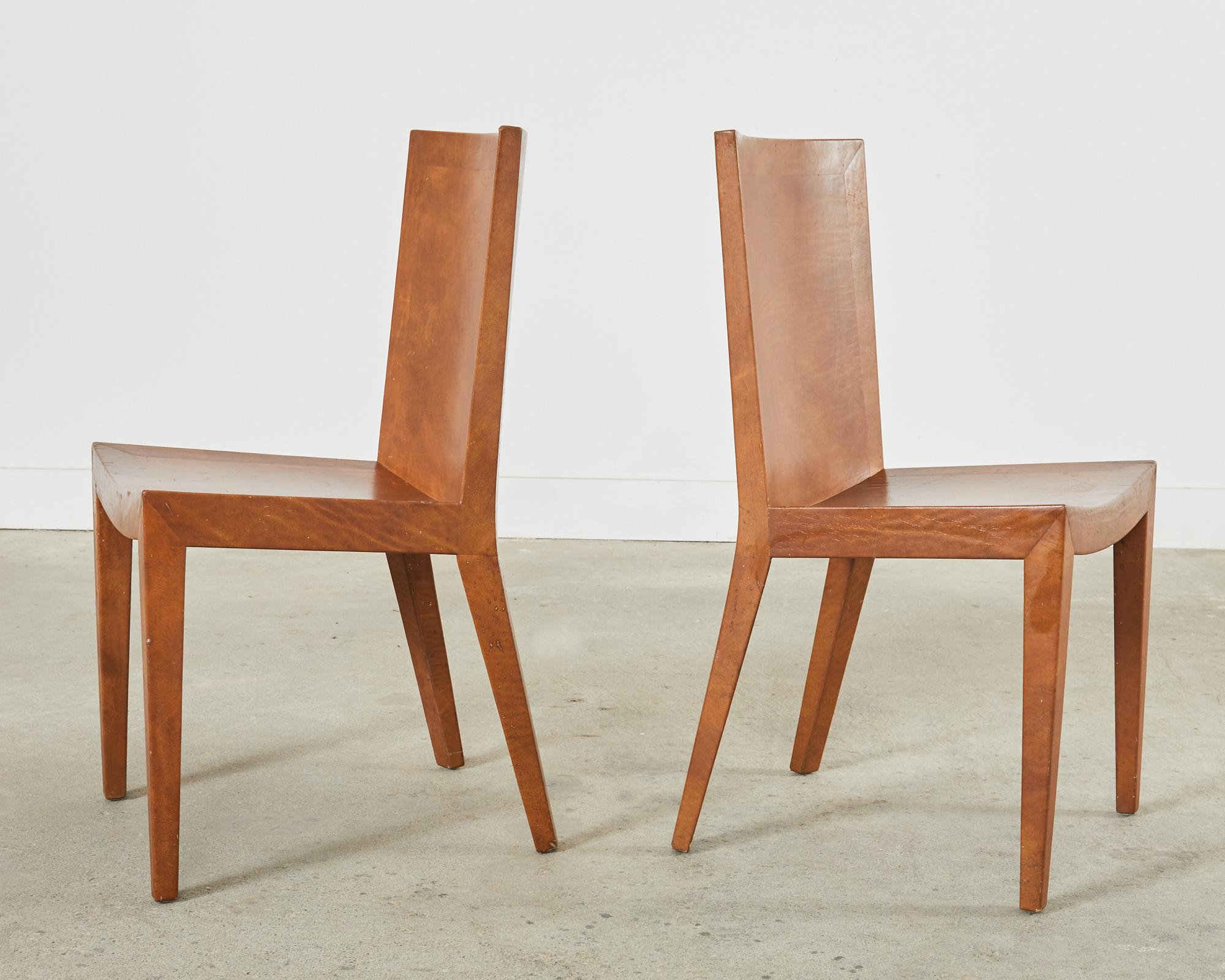 Hand-Crafted Pair of Signed Karl Springer Goatskin JMF Chairs, 1986 For Sale