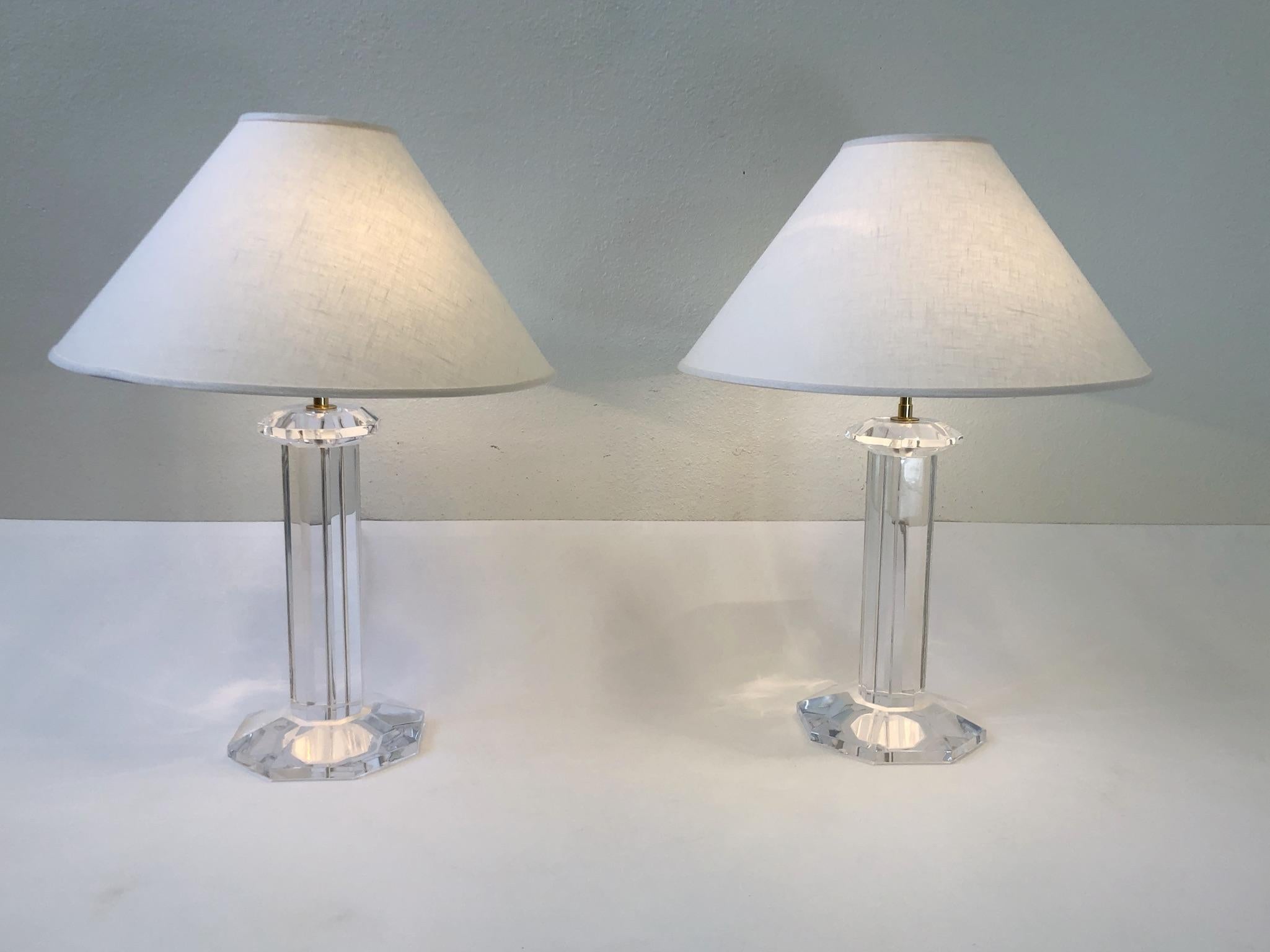 Pair of Signed Karl Springer Lucite and Brass Table Lamps 3