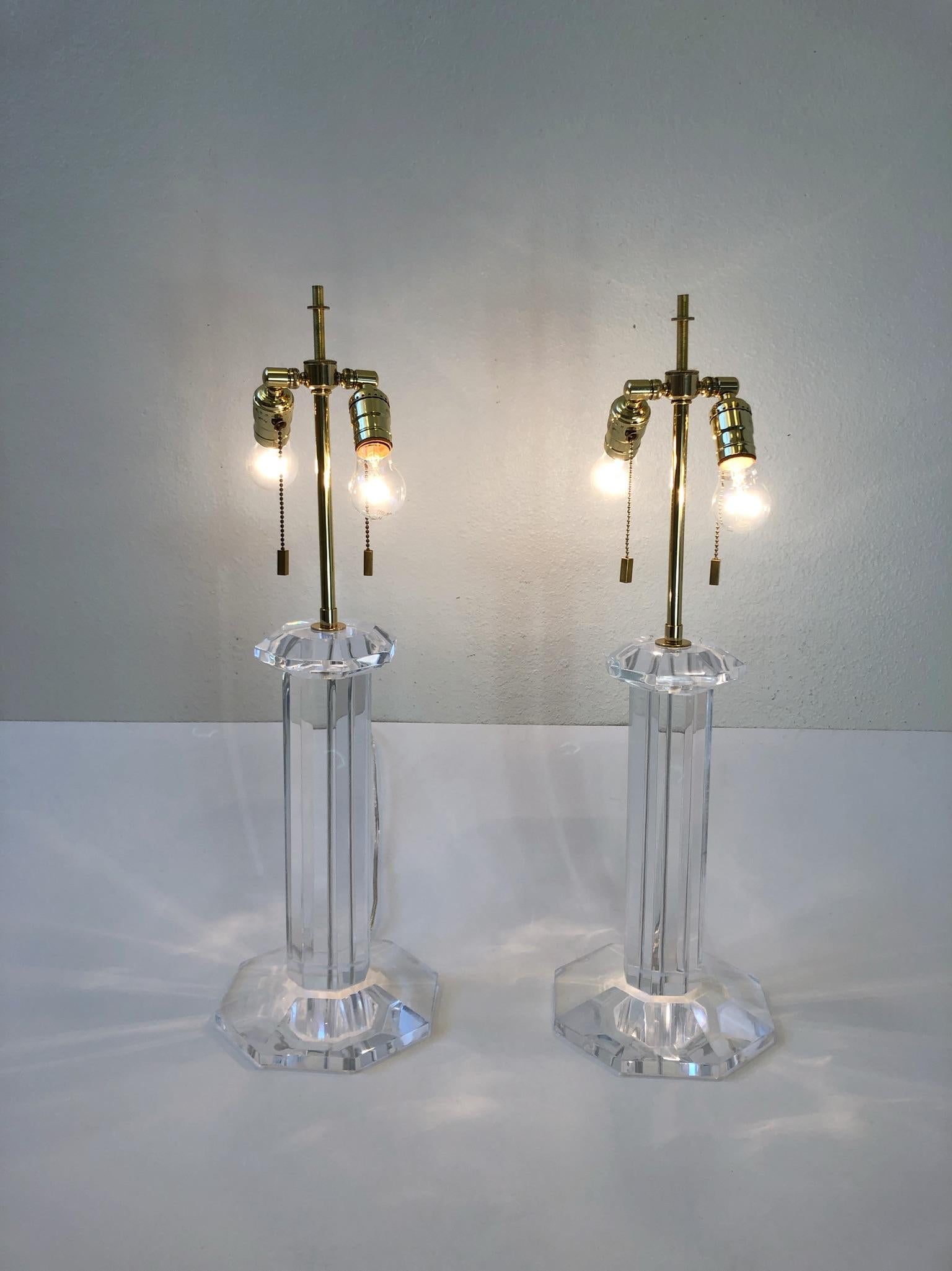 Modern Pair of Signed Karl Springer Lucite and Brass Table Lamps