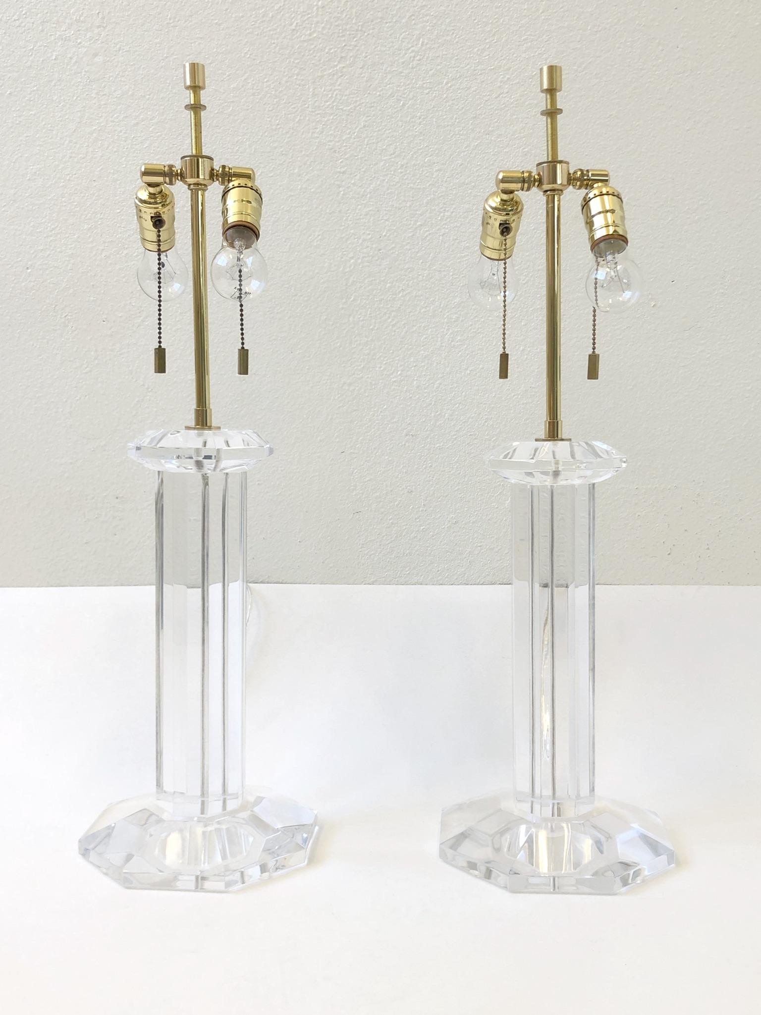 Polished Pair of Signed Karl Springer Lucite and Brass Table Lamps
