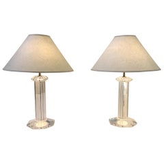 Pair of Signed Karl Springer Lucite and Brass Table Lamps
