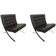 Pair of Signed Knoll Barcelona Black Leather Chairs Ludwig Mies van der Rohe