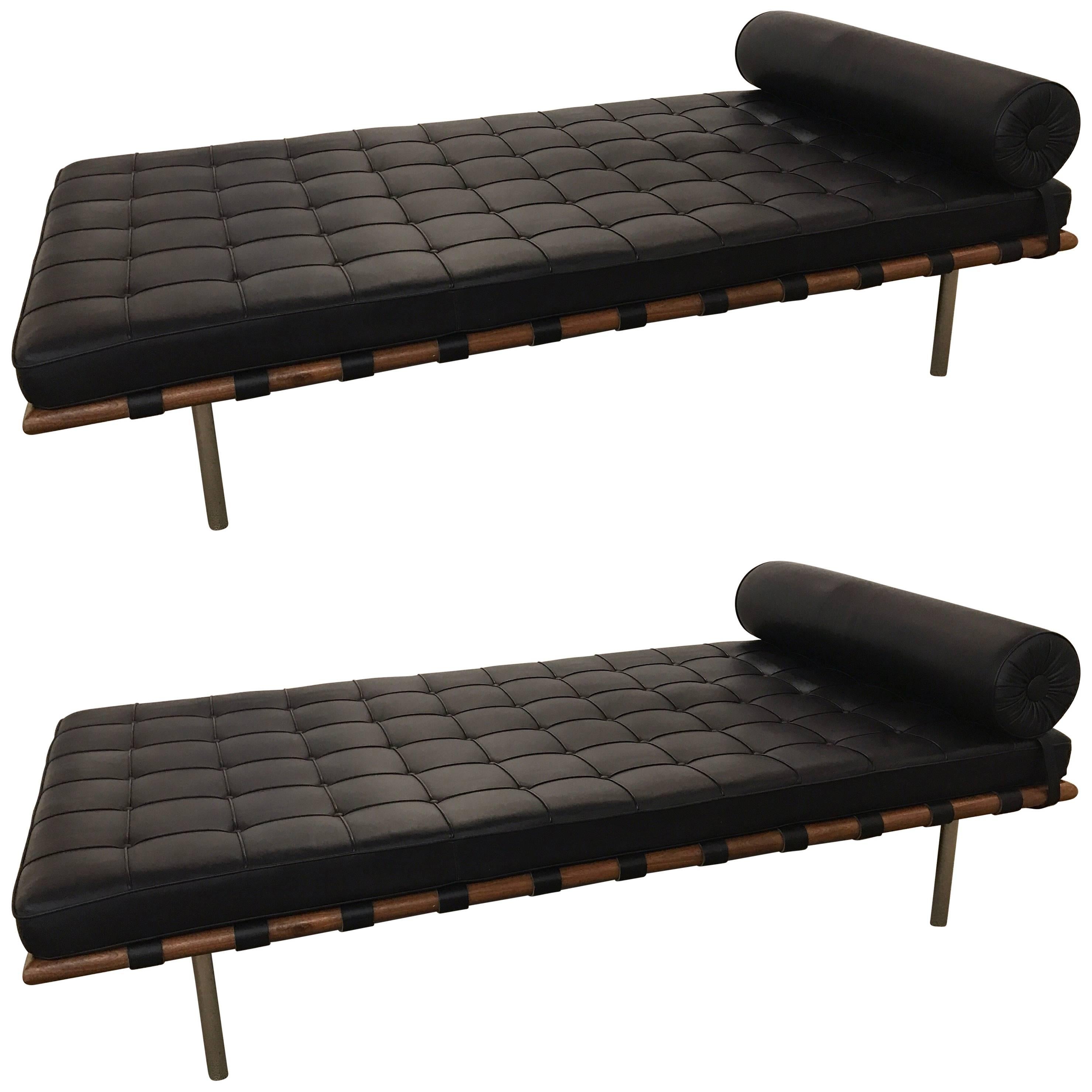 Pair of Signed Knoll Barcelona Black Leather Daybeds Ludwig Mies van der Rohe